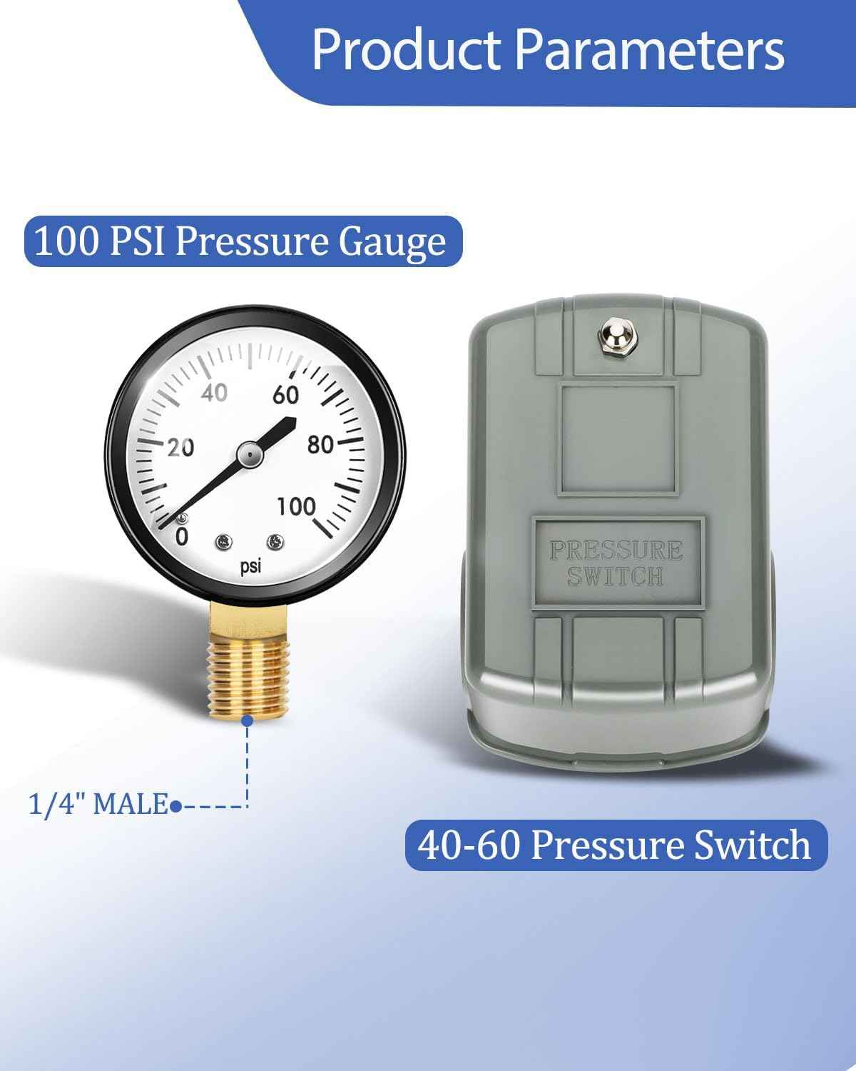Well Pressure Tank Tee Kit with Union & 40-60 PSI Switch - Upgraded 1” x 11” for Tanks Up to 16” Diameter