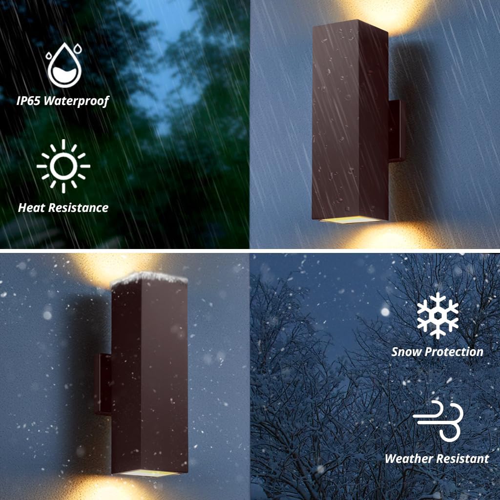 Modern Outdoor Wall Lights - Dusk to Dawn Square Matte Black Sconce with Bulbs, Aluminum Anti-Rust Up & Down Lighting for Porch & Garage