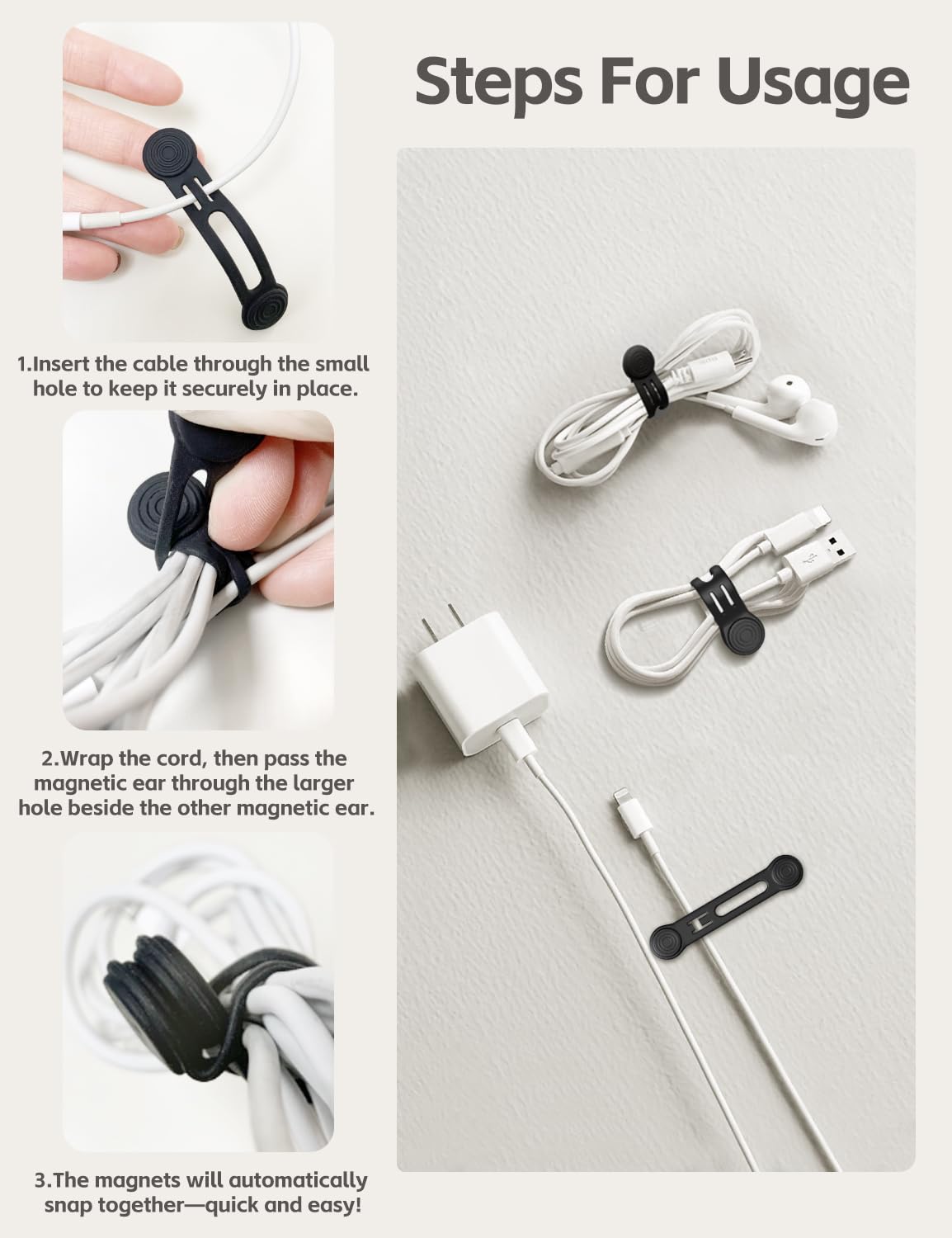 Maveek 10 Pcs Cable Ties Magnetic Cord Organizer Storage Travel For Laptop Computer Earphones USB Phone Charging Wires, Small Cord Wraps Keeper Clips - Black