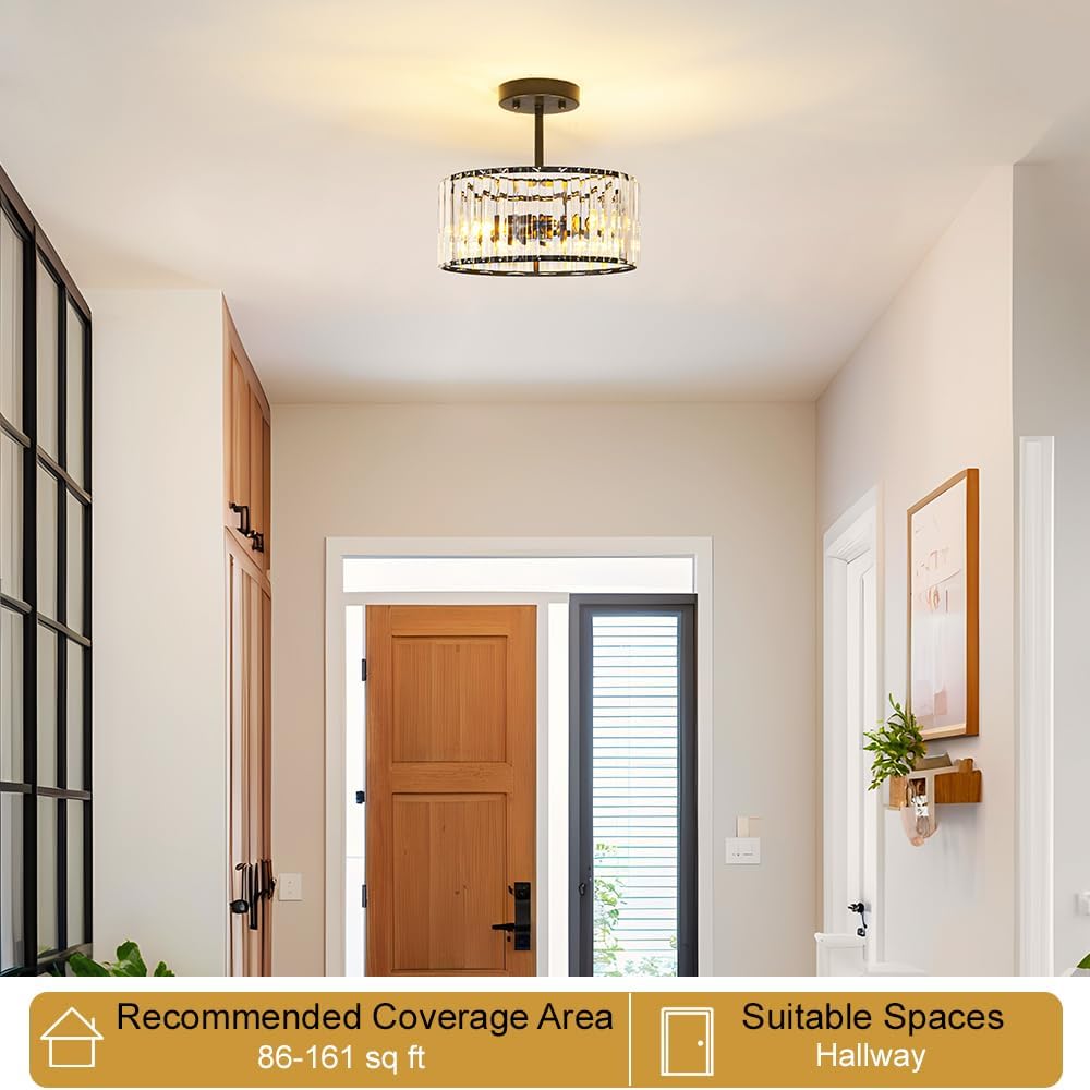 Modern Gold Crystal Ceiling Light Fixture - 11-Inch Semi Flush Mount Chandelier for Kitchen & Entryway