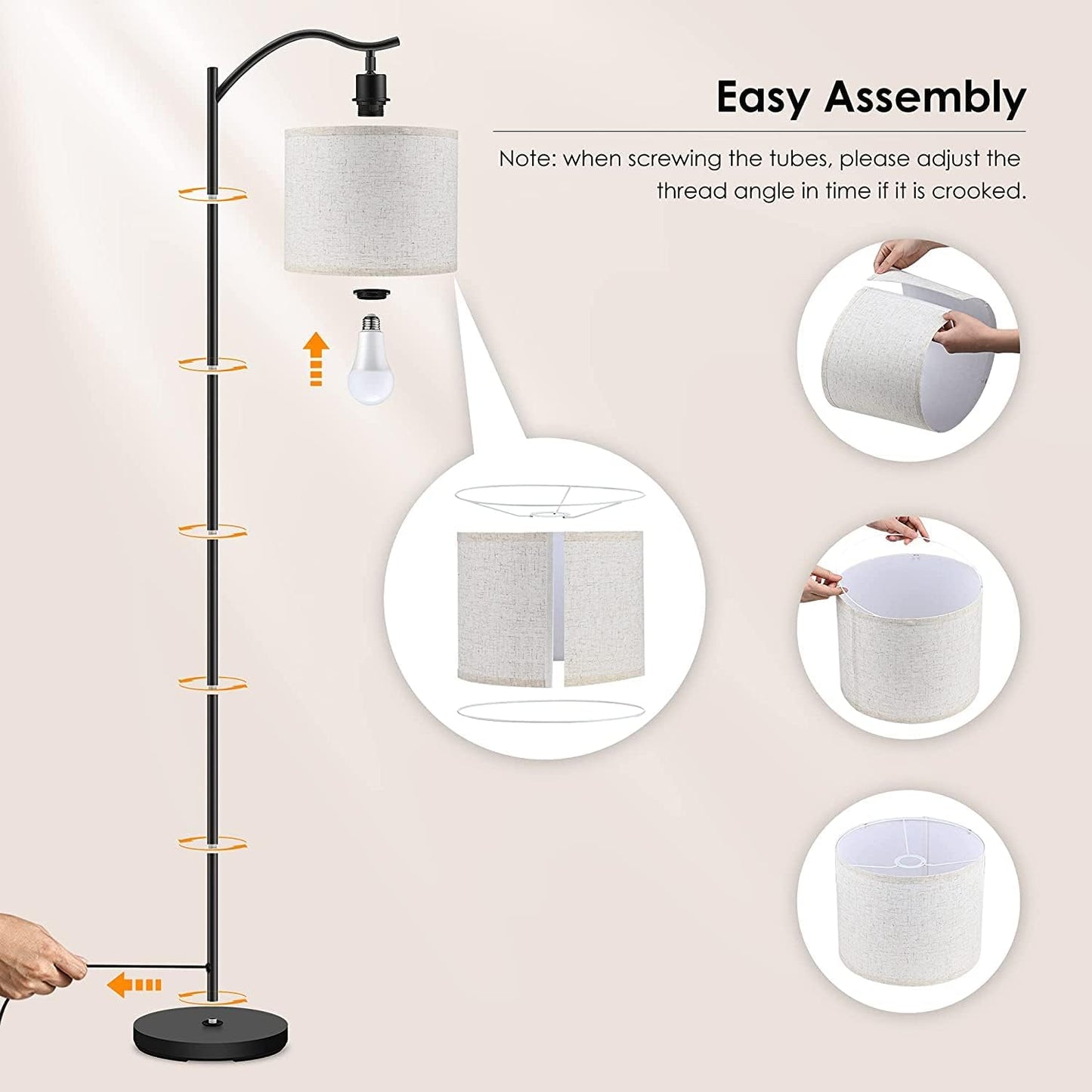 Modern LED Floor Lamp with Bohemian Linen Shade – Arched Tall Standing Light for Living Room & Bedroom