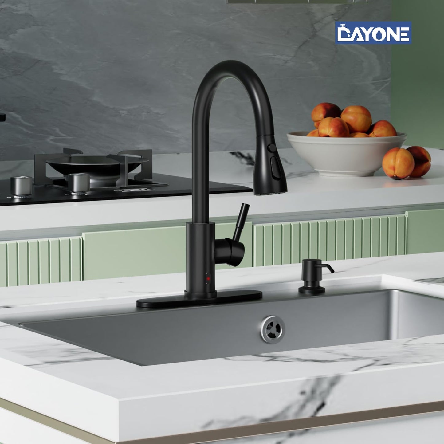 DAYONE Touchless Kitchen Sink Faucet with Pull Down Sprayer and Soap Dispenser, Black 3 Modes Motion Sensor Hands-Free Single Handle Touch Faucet for Kitchen Sink High Arc
