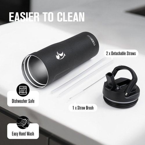Coolflask 32 oz Water Bottle - Slim Stainless Steel Tumbler with Straw & Handle | Leakproof, Black