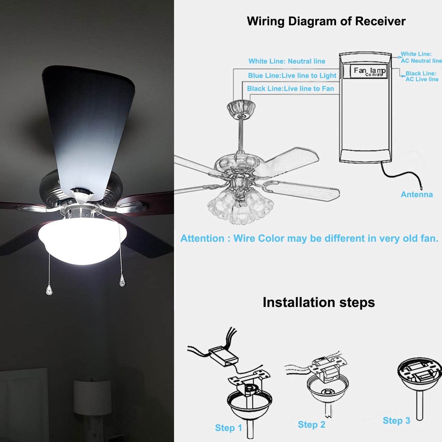 Ceiling Fan Remote Control Kit,Universal Fan Speed,Light & Timing 3 in 1 Wireless Remote Control for Ceiling Fan Light, Fit for Honeywell Westinghouse Hunter and More