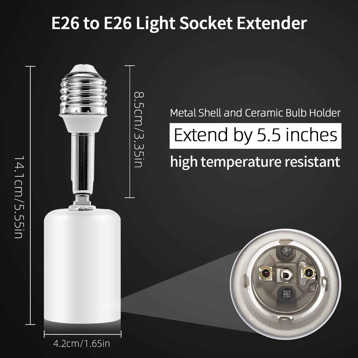 Ceramic E26 Light Bulb Socket Extender - 5.5inch Long - 90 Degree Angle Adjustable- 150W Max and Fire-Resistant - Light Extension for Medium Bulb Socket (2)
