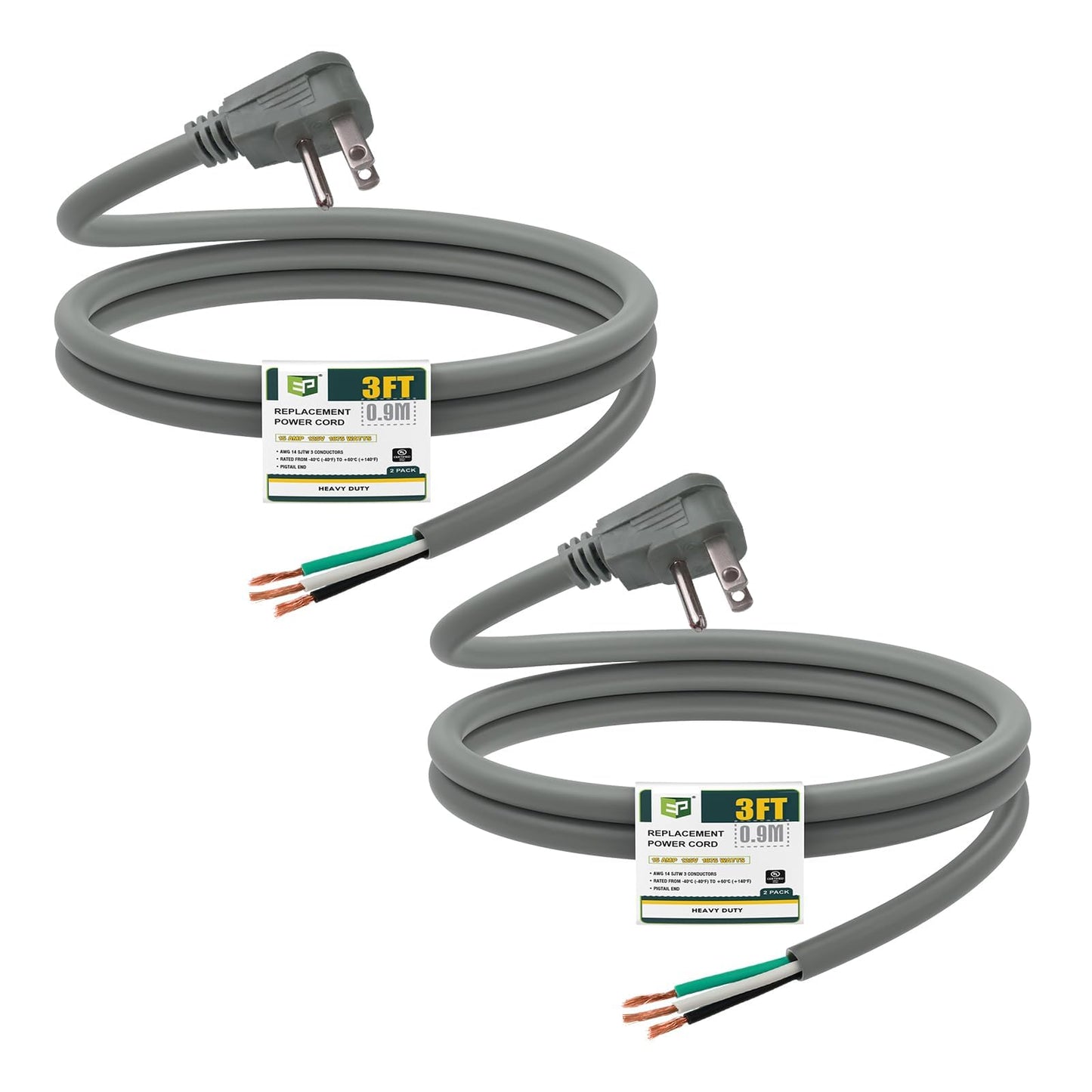 EP 2 Pack 3 Ft Flat Plug Appliance and Power Tool Cord, 14 Gauge 3 Prong 15A Replacement Power Supply Cord Cable, 110V 115V 120V AC Pigtail, Grey