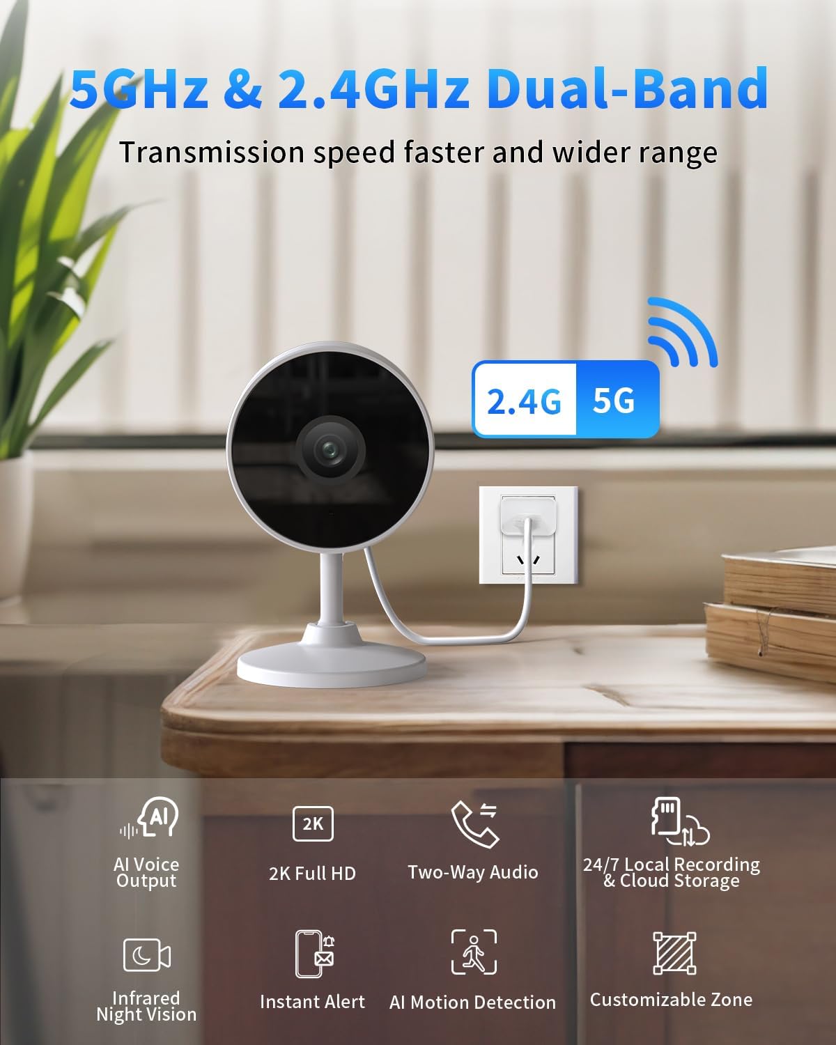 2K Indoor Security Camera with AI Voice Change, Night Vision & 24/7 Recording - Home Baby Monitor & Pet Camera