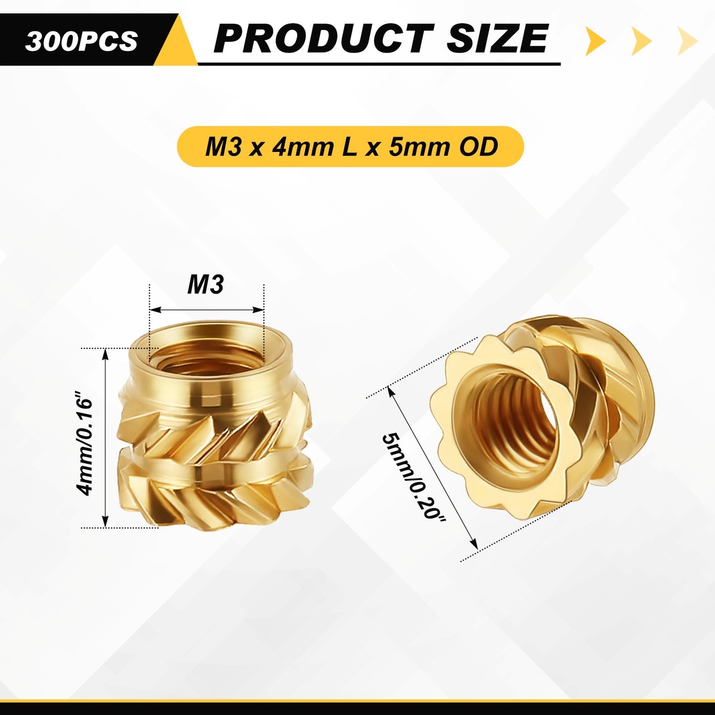 Yaocom 300 Pcs M3 Heat Inserts M3 x D5 x L4 Brass Threaded Inserts 3D Printing Knurled Metric Nuts for Plastic, 3D Printing Components
