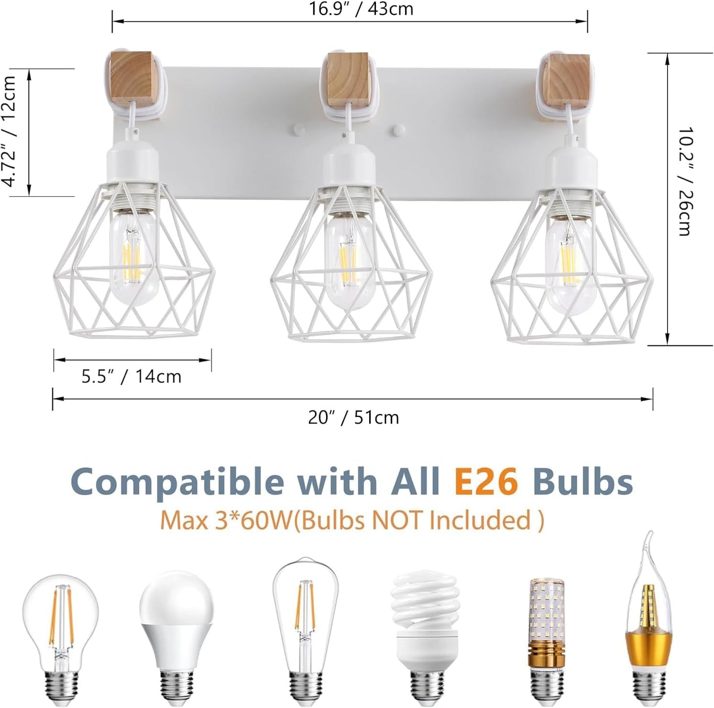 Farmhouse 3-Light Bathroom Vanity Light Fixture - Rustic White Wood Sconces for Mirror