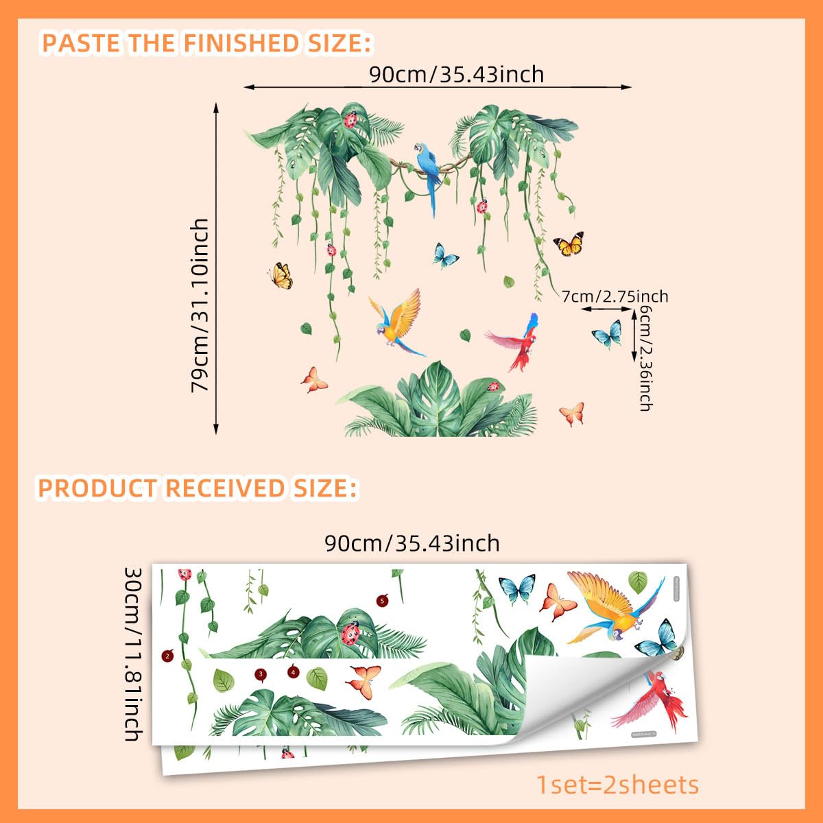 2 Sheets Jungle Wall Decals Peel and Stick Removable Vine Wall Stickers & Murals for Living Room Bedroom Vinyl Jungle Nursery Decor Tropical Wallpaper Green Plants Leaves Wall Decals with Parrot Birds