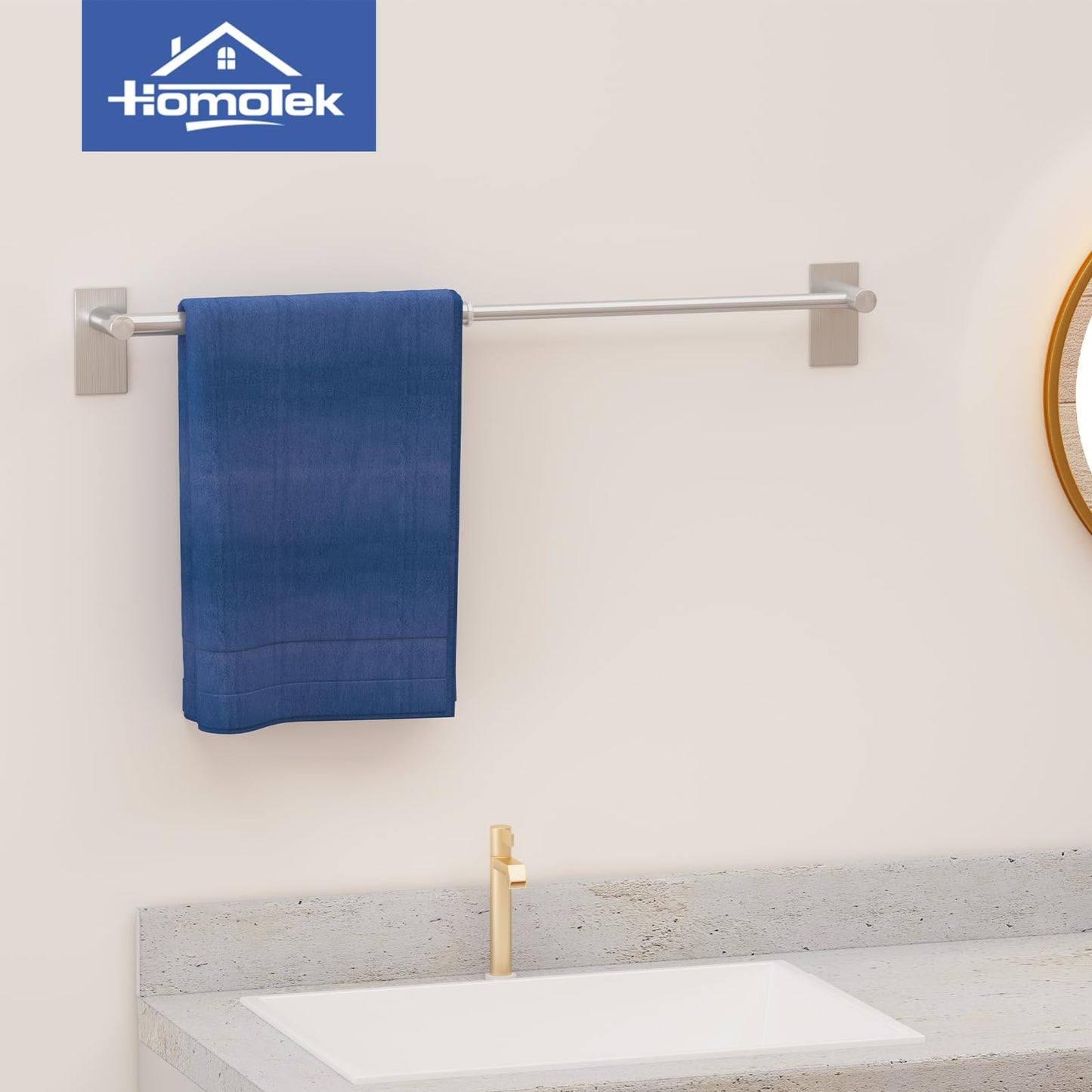 Adhesive Adjustable Towel Bar, HOMOTEK Economical Self Stick Bathroom Towel Holders, Towel Rod Size from 12 Inch to 22 Inch Single Rack Hanger for Kitchen(1 Pack Brushed Stainless Steel)