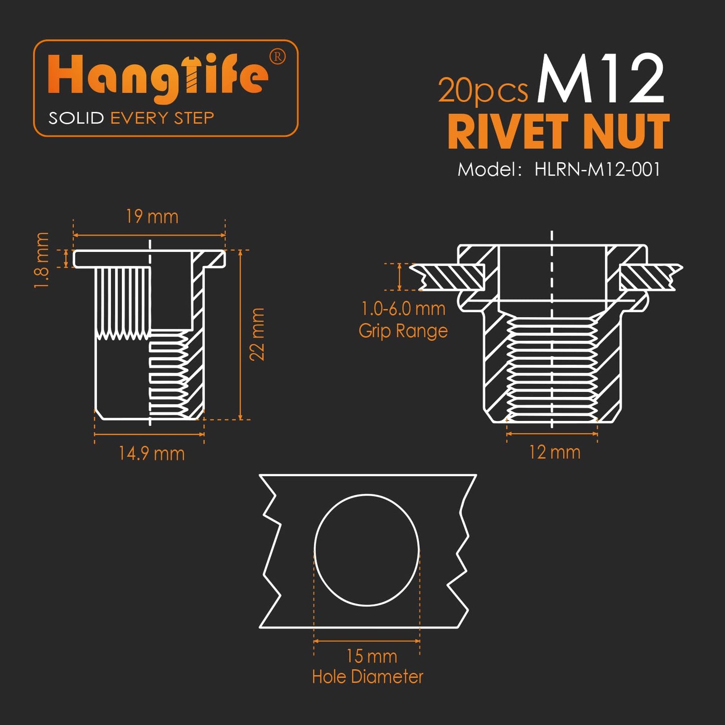 HANGLIFE Rivet Nut, M12 Metric Rivnut - Flat Head Nutserts, Zinc Plated Carbon Steel Knurled Body Threaded Insert Nuts, 20 Pieces