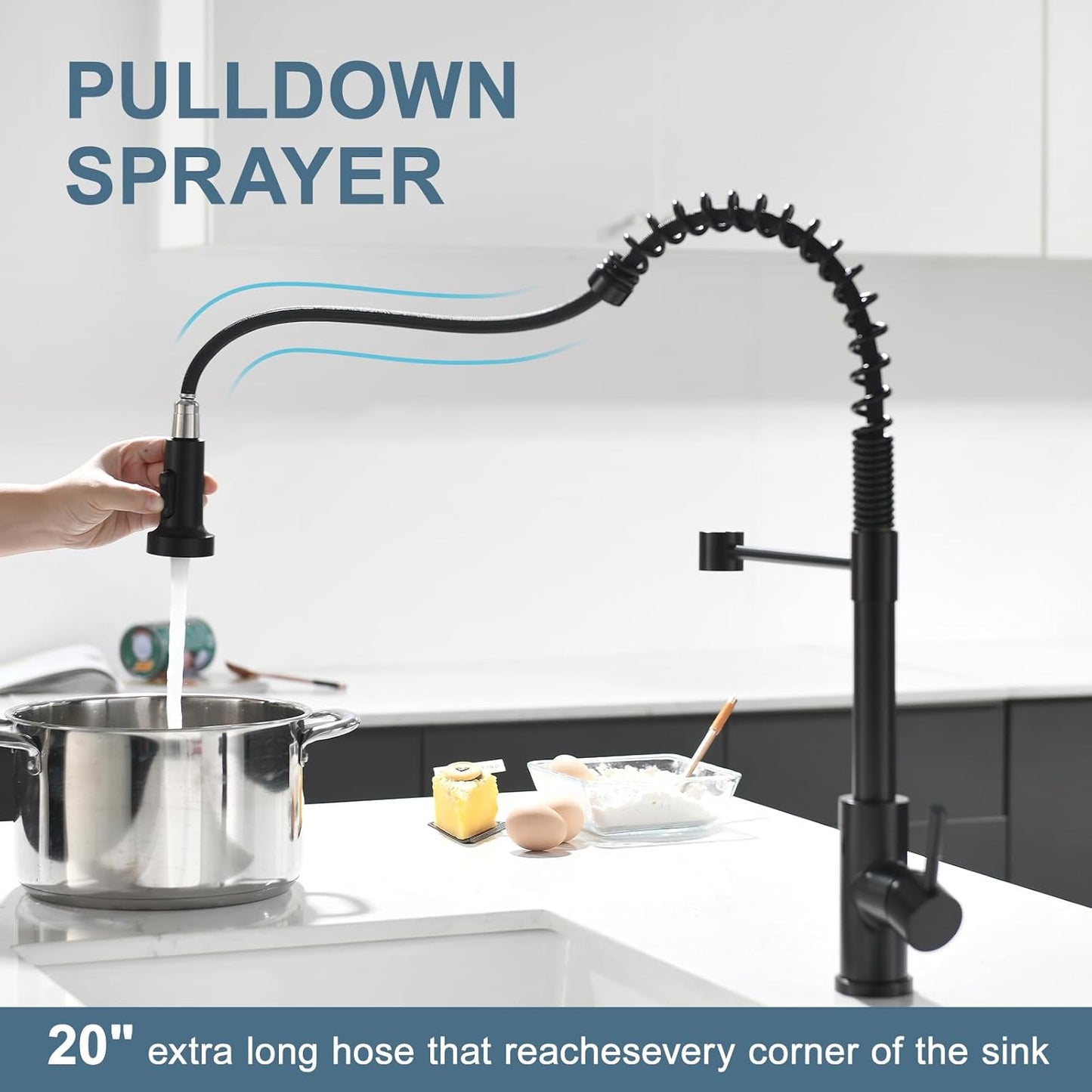 Matte Black Kitchen Faucet with Soap Dispenser - Commercial Single Handle Pull Down Sprayer