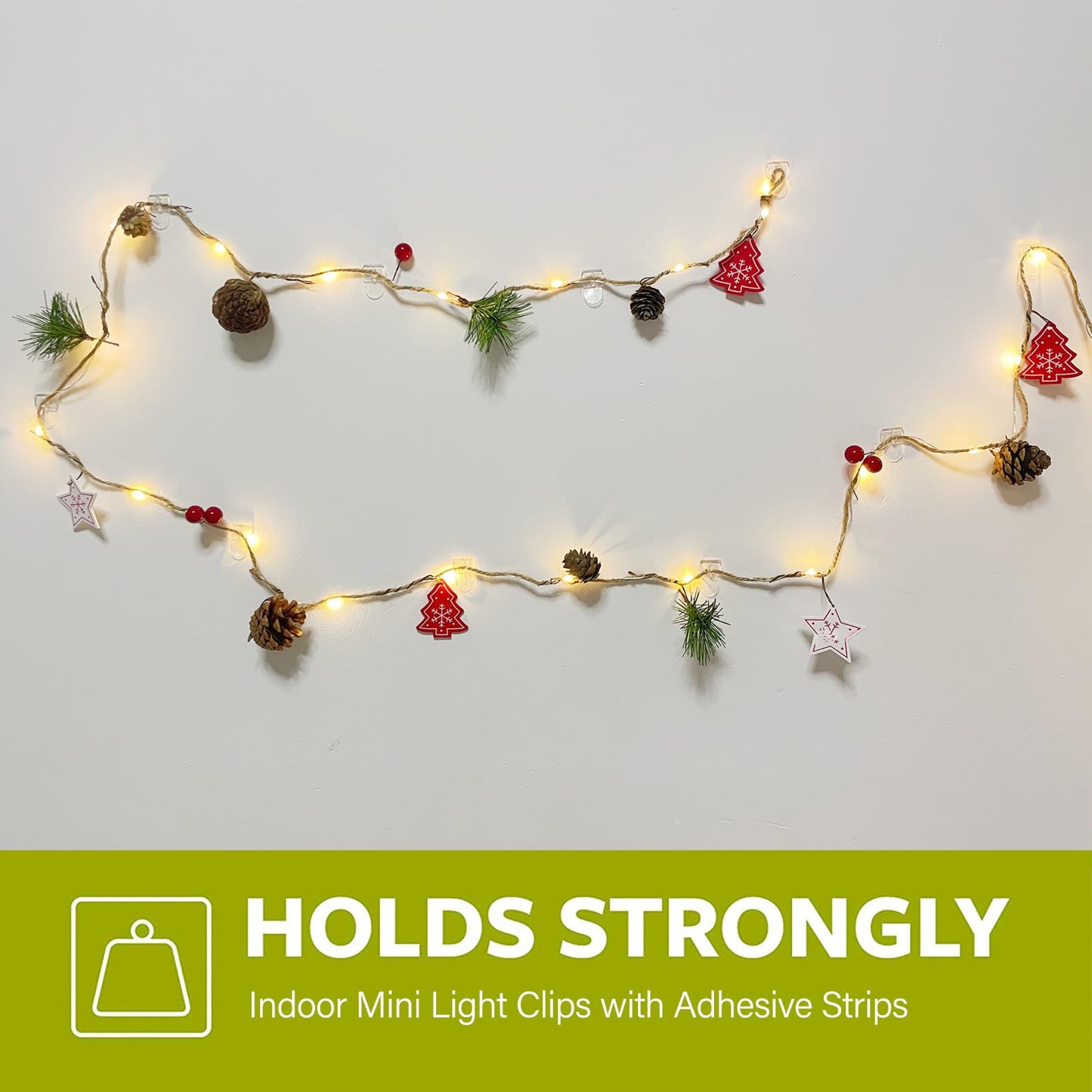 Karsbarwe 60 Clips+66 Strips, Indoor Mini Clear Light Clips with Adhesive Strips, No Damage Mini Wall Hooks, Removable Small Clear Hooks for Christmas and Festival Decoration