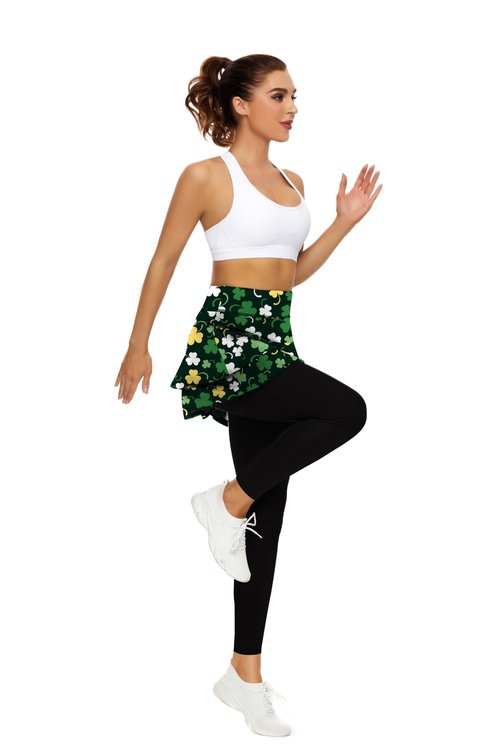 Tennis Skirted Leggings with Pockets for Women Golf Skapri Leggings with Skirt (M, 2-Layer St-Patricks Day)