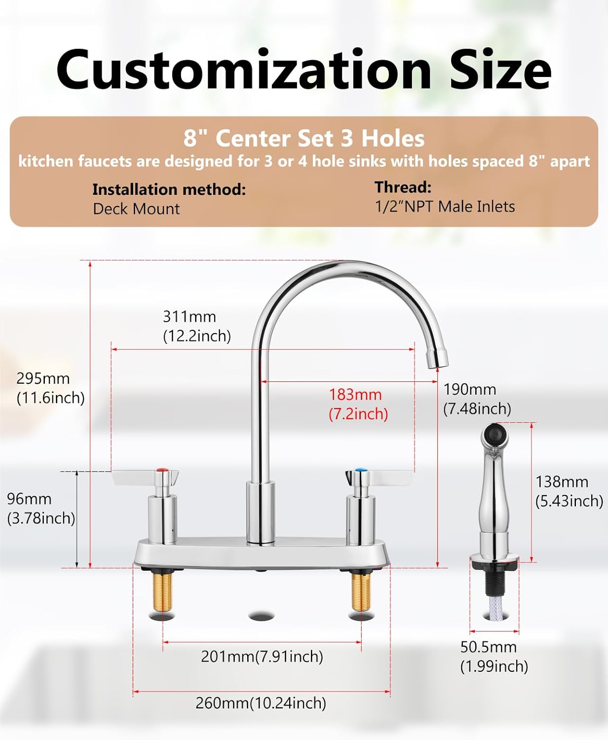 Brushed Nickel Kitchen Faucet with Sprayer - 2 Handle 8-Inch Centerset 3 Hole