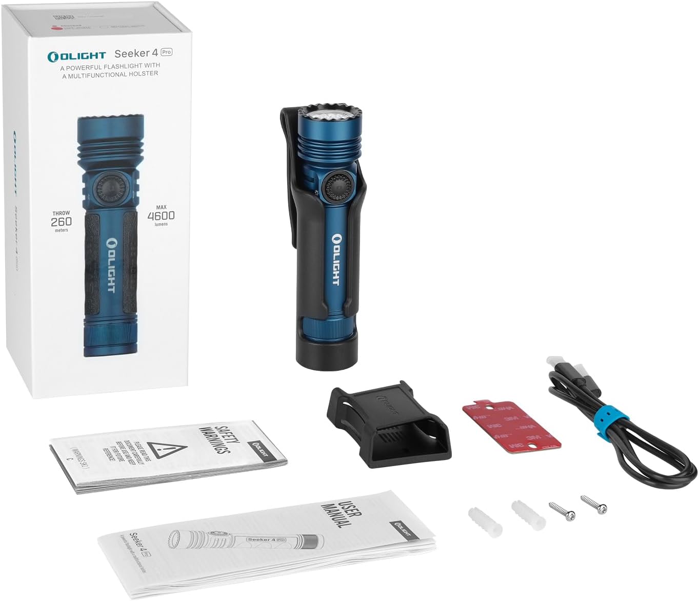 OLIGHT Seeker 4 Pro Flashlight - 4600 Lumens Rechargeable, Waterproof IPX8, USB-C Holster | Midnight Blue Cool White