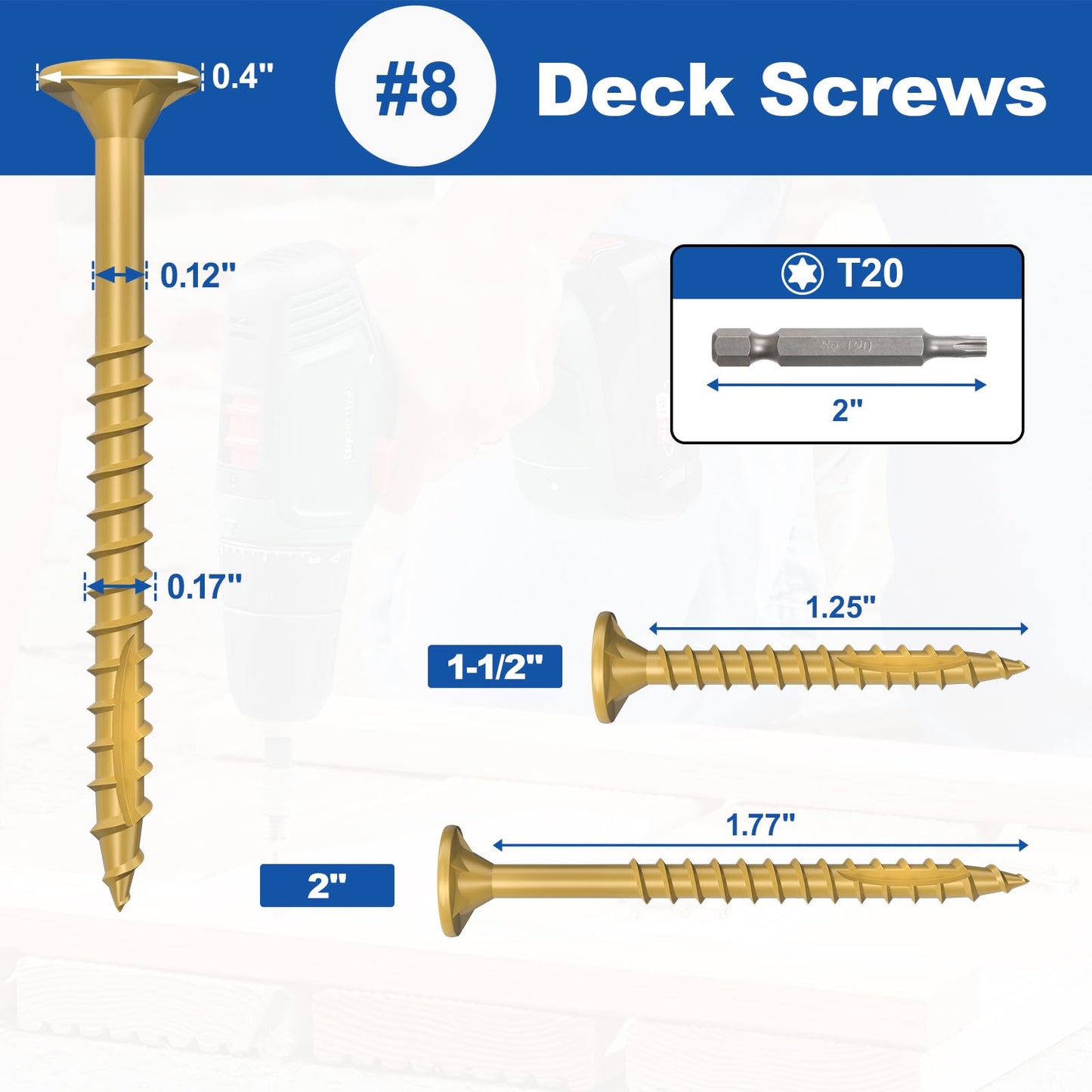 #8 x1-1/2Inch Deck Screws, 100Pcs Star Drive Wood Screws, Rust Resistant Timber Screws for Timber/Log/Landscaping Wood, T20 Star Bit Included, Yellow