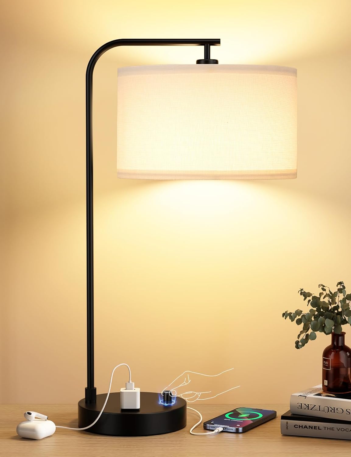 Dimmable Tall Table Lamp with USB Port & Outlet - Linen Shade Bedside Desk Lamp for Bedroom, Living Room, Home Office