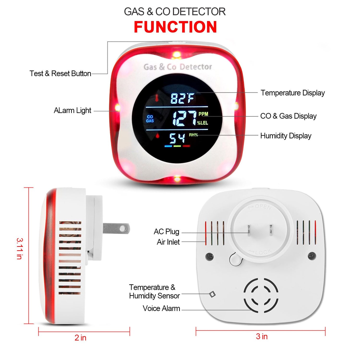 Combustible Gas & CO Detector 4-in-1 – Plug-in Natural/Propane Gas Leak Alarm with Temp & Humidity Sensor, Compact for Home, RV, Kitchen Safety
