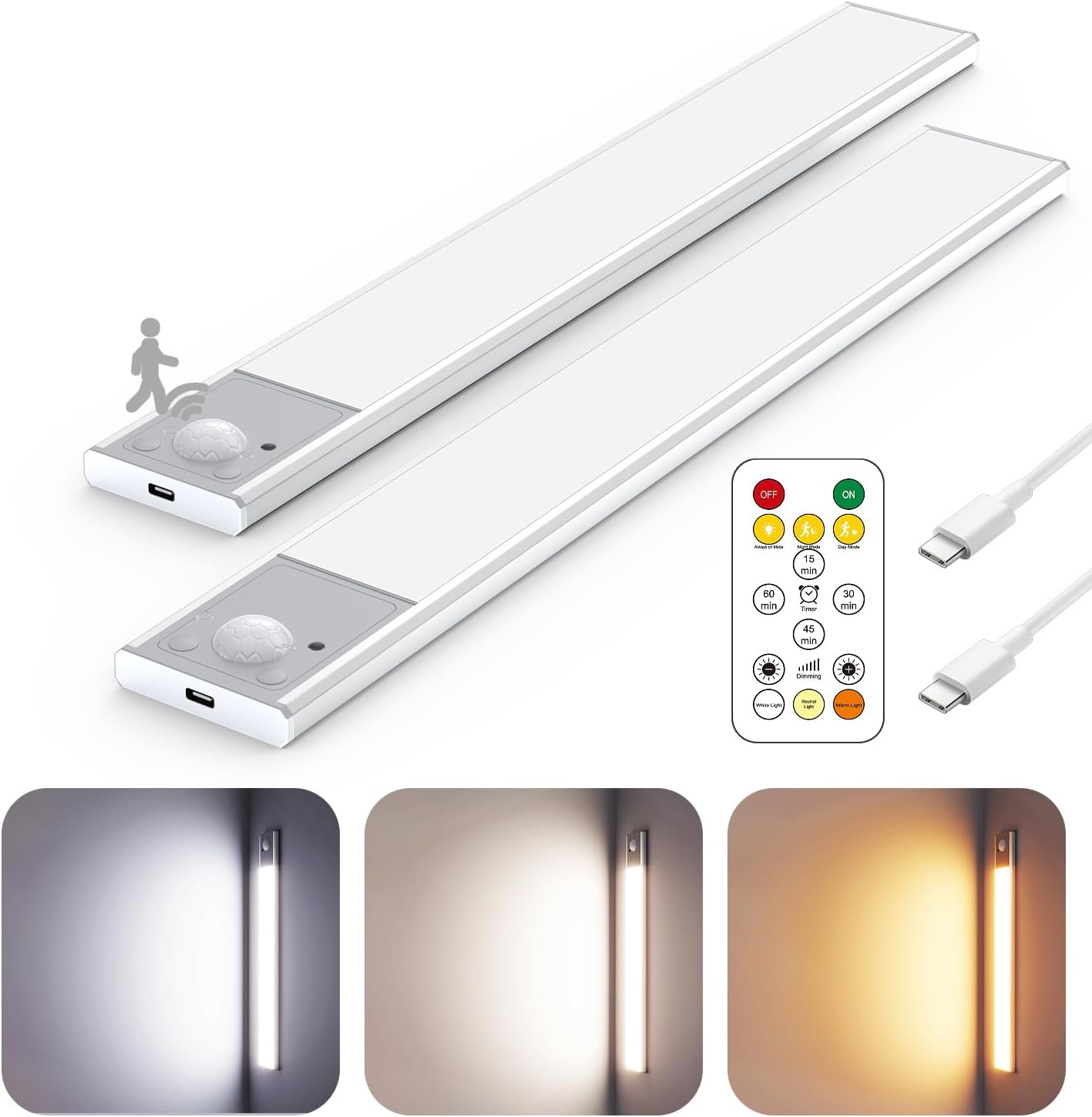 12" Wireless Ultra-Thin Under Cabinet Lighting - Rechargeable Motion Sensor Kitchen Lights, 3 Color Temps, Magnetic Aluminum Alloy (4 Pack, Silver)