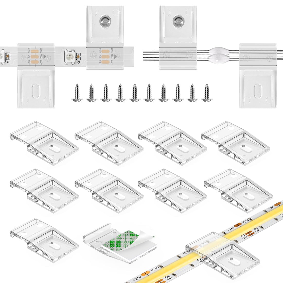 Hysmigor Transparent Strip Light Clips, Self-Adhesive with Screw Mounting Holder, 50Pack LED Strong Fixing Clips For 0.47in/12mm Width IP30/65/67 SMD COB Strip Lights