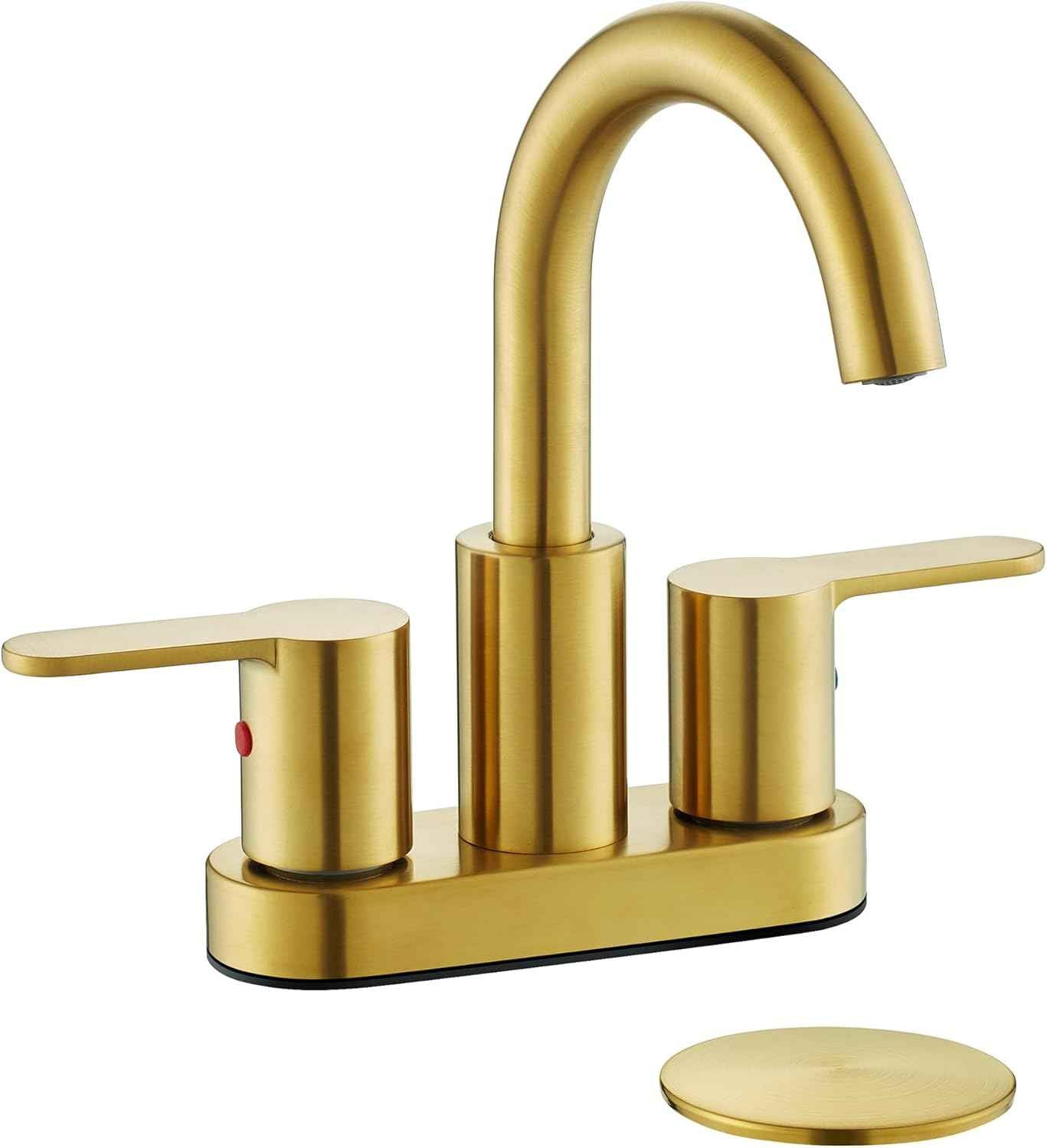Brushed Gold Bathroom Sink Faucet - Modern 4-Inch Centerset with 360° Swivel Spout & Drain Assembly
