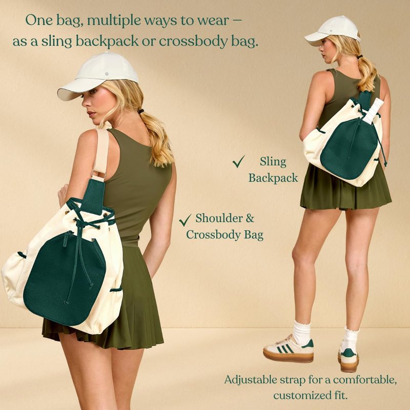 Mini Momo Durable Pickleball Backpack Sling Crossbody Bag for Women - Large Capacity & Stylish Design (Green)