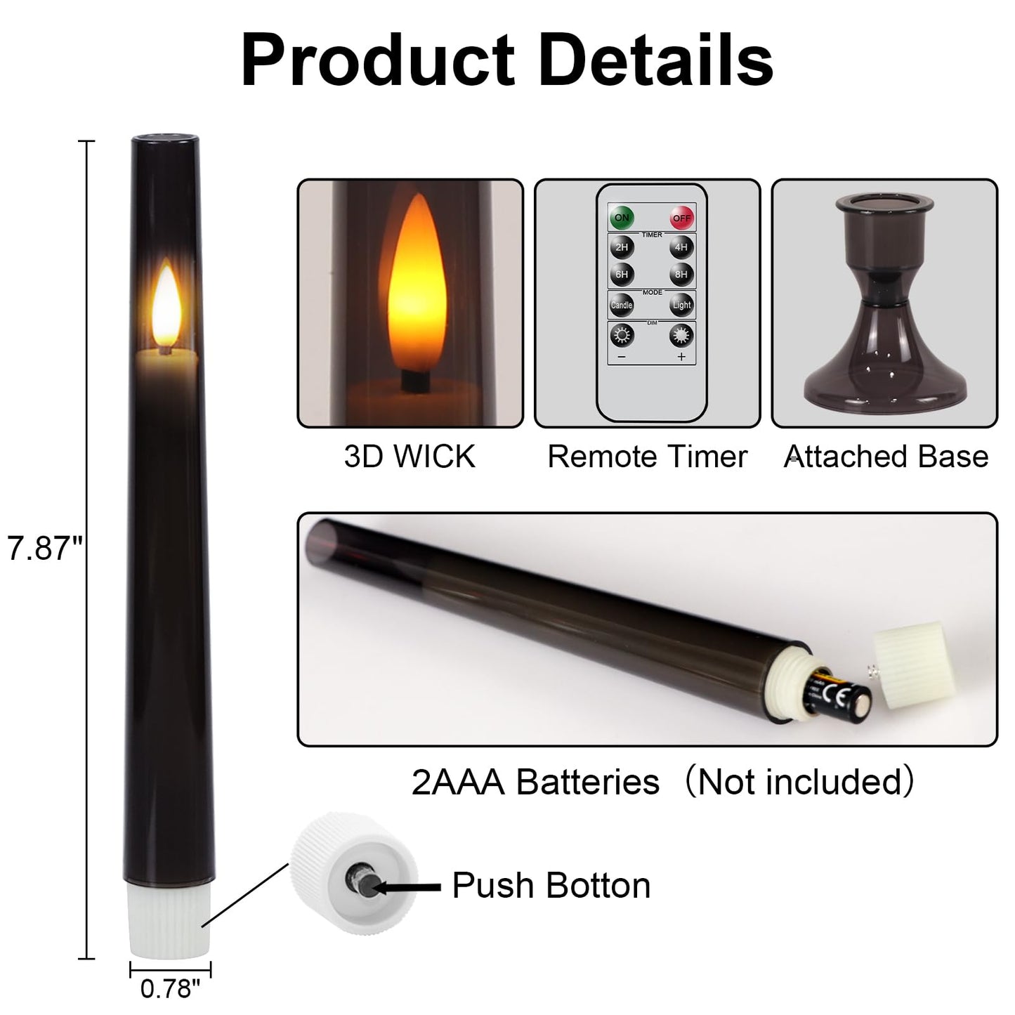 KunSwenn Black Flameless Taper Candles with Remote, Halloween Battery Operated Taper Candles with Base, LED Flameless Battery Candlesticks for Home Holiday Decor(Set of 6, Acrylic Shell)