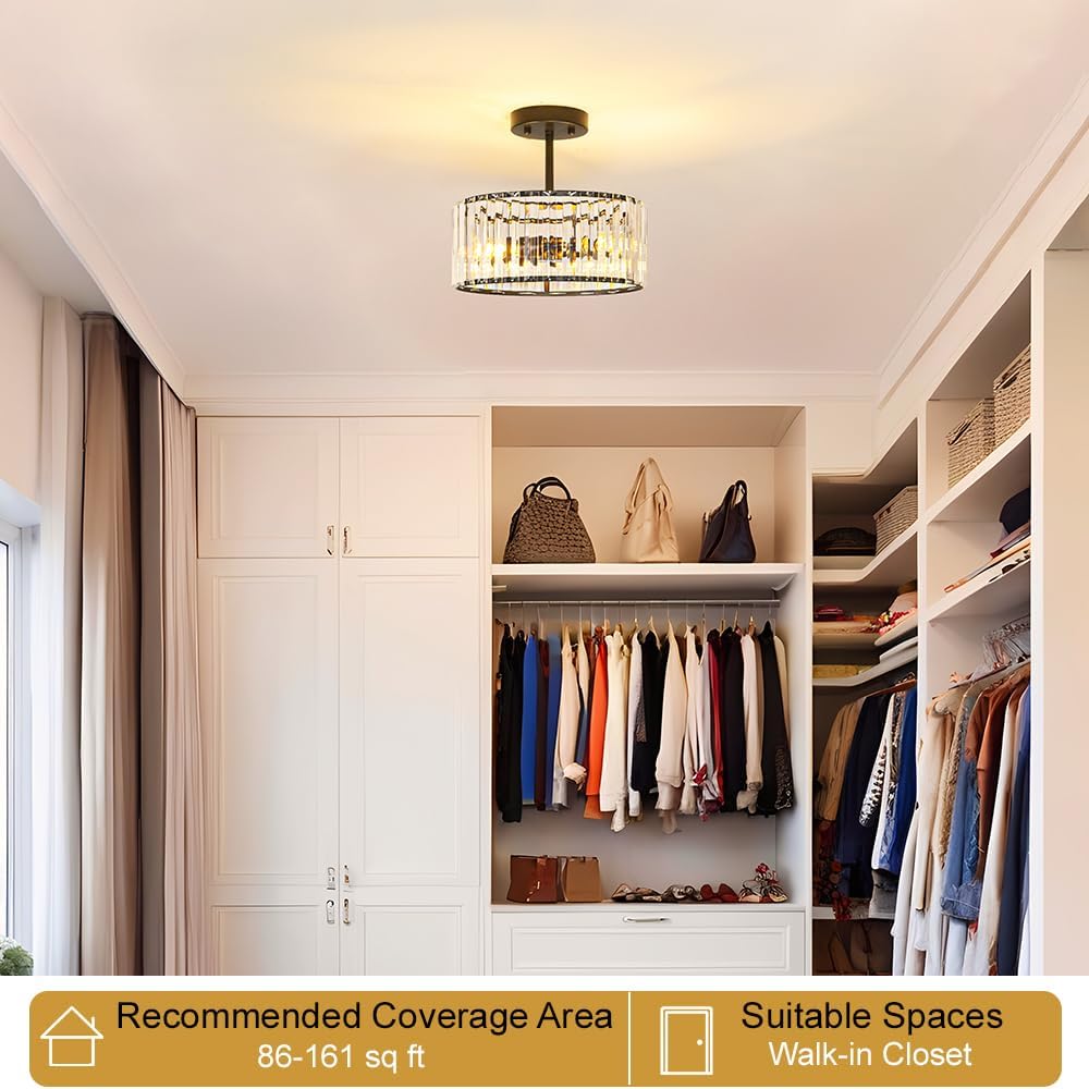 Modern Gold Crystal Ceiling Light Fixture - 11-Inch Semi Flush Mount Chandelier for Kitchen & Entryway
