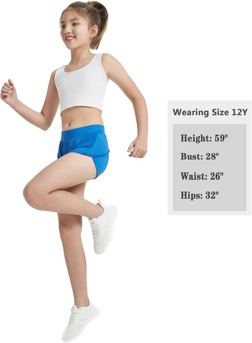 EXARUS Girls' Athletic Running Shorts - Low Rise/High Waisted | 4 Pack for Ages 6-14 Years