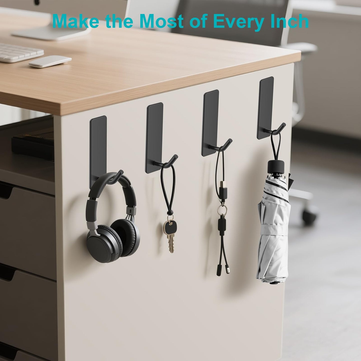 Quavzotu Small Self Adhesive Hooks for Walls No Damage, 6-Pack Stainless Steel Stick on Hooks for Hanging Towel Key Hat Bag Jewelry, Sticky Hangers for Kitchen Bathroom Door (Black(6pcs))