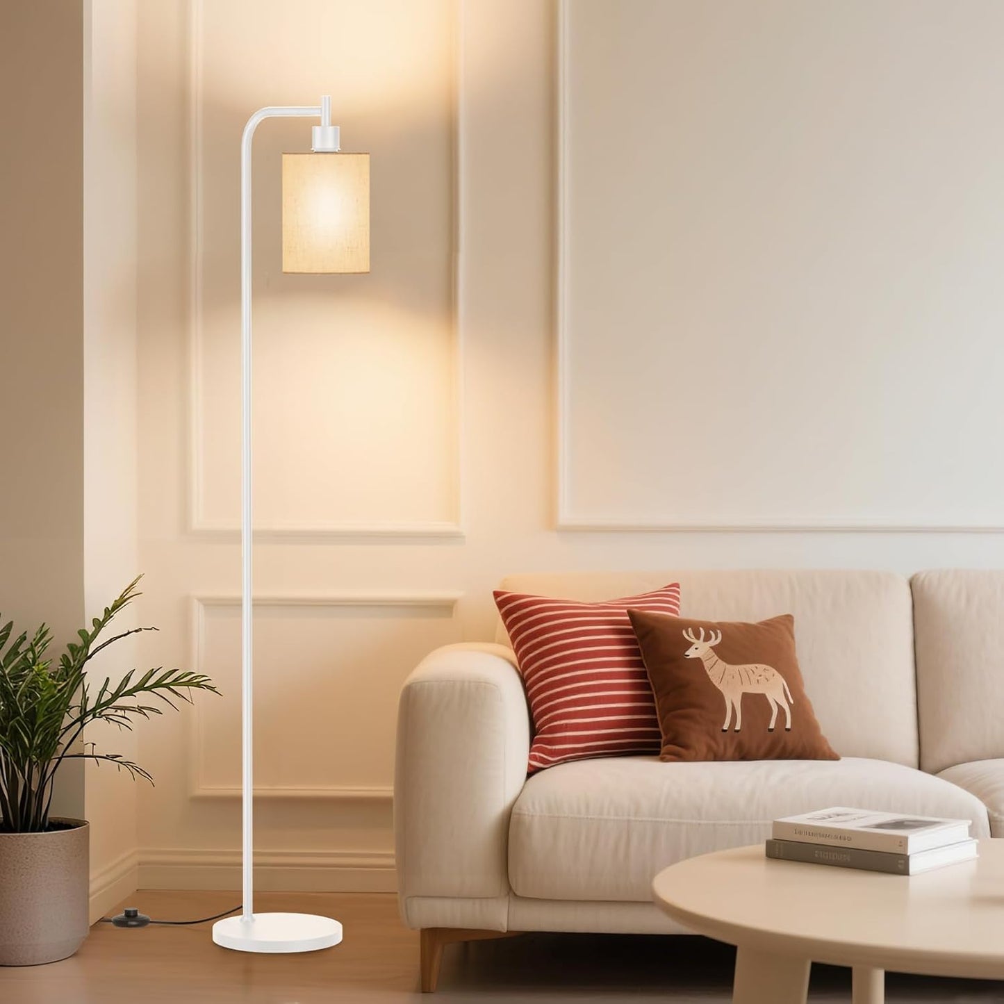 Dimmable Floor Lamp with Linen Shade & Remote Control - Modern 9W LED Standing Lamp for Living Room, Bedroom, Office