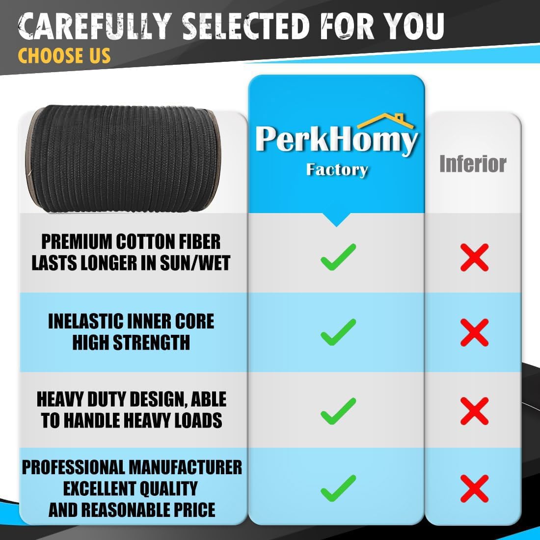 PerkHomy 200 Feet Cotton Rope 3/16" (5mm) Multi Purpose Utility Diamond Braided Cord, Natural Cotton for Clothes Line Camping Crafting Flag Pole, Black