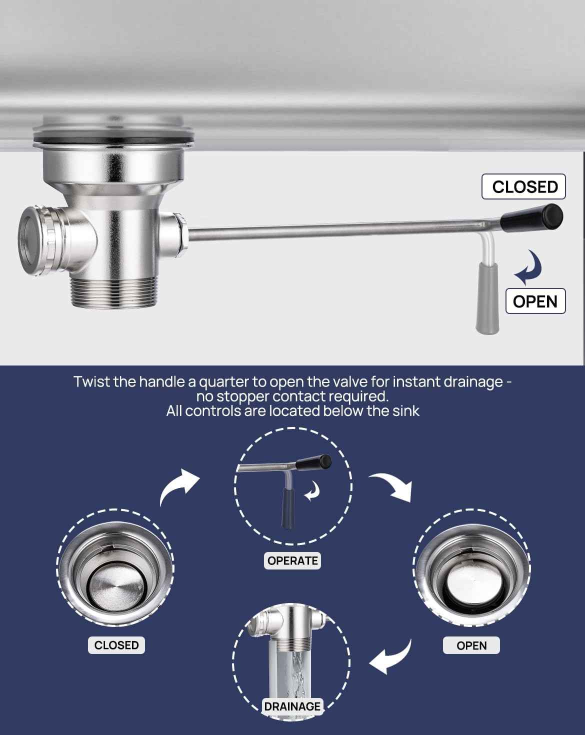 3.5-Inch Commercial Sink Drain with Twist Lever Handle & Overflow Inlet – Leakproof Waste Valve for 2/3 Compartment Restaurant Sinks