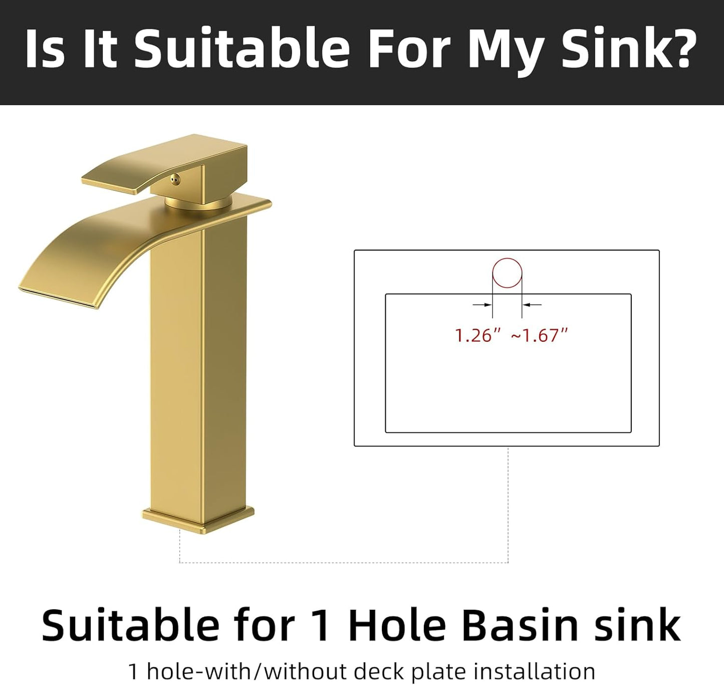 Modern Brushed Gold Bathroom Faucet with Waterfall Spout & Pop-Up Drain - Single Handle Vanity Sink Faucet