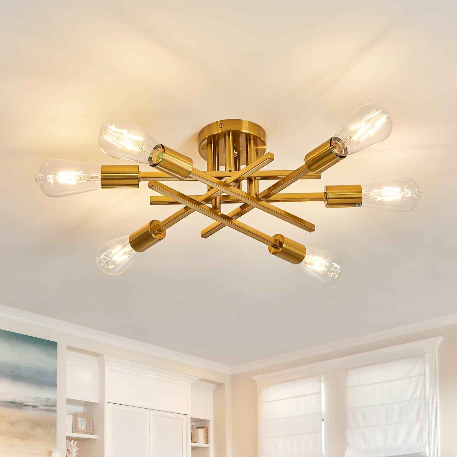 Gold Modern 6-Light Semi Flush Mount Ceiling Light Fixture - Vintage Sputnik Chandelier for Kitchen, Dining & Living Room