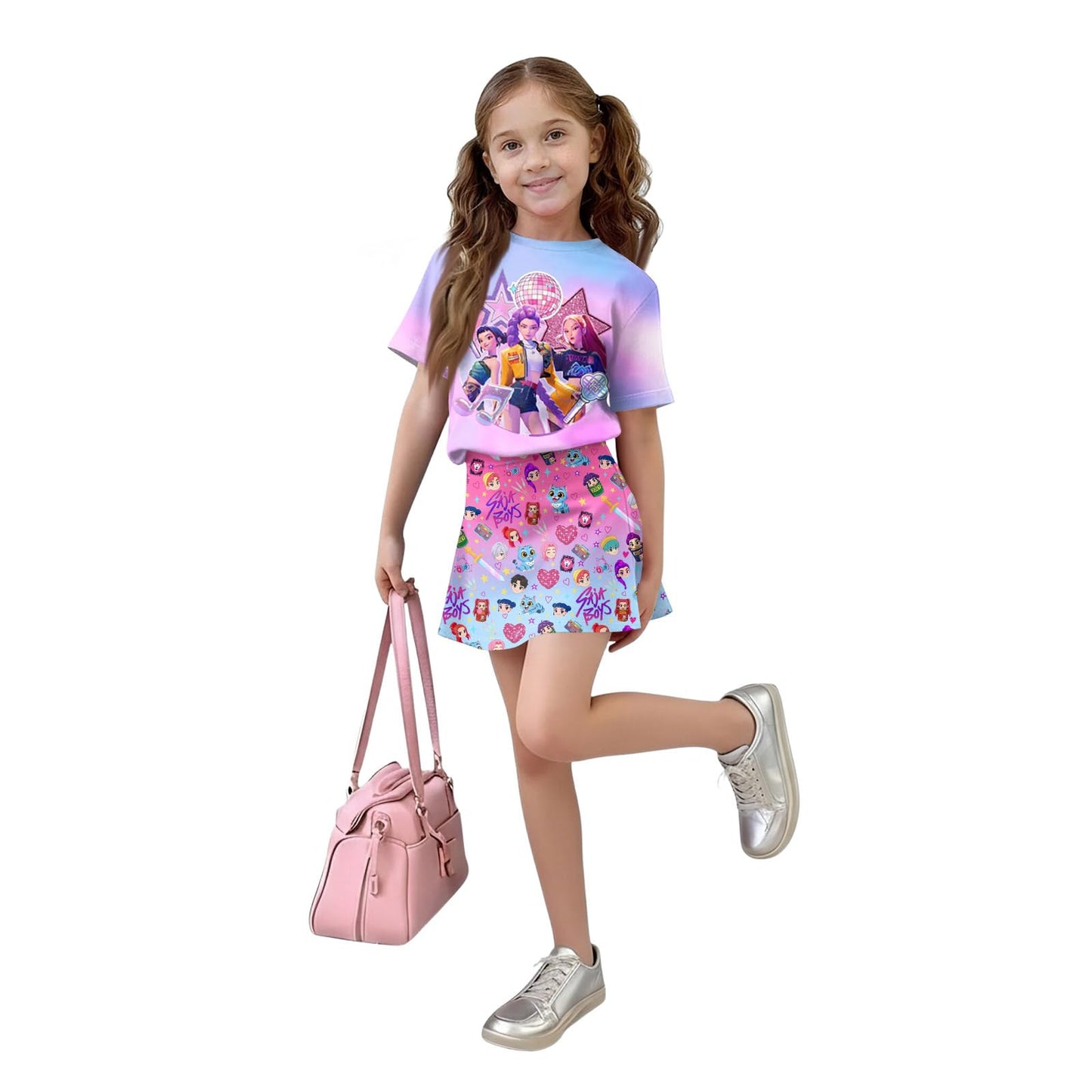 Kpop Dress for Girls 2-Piece Anime De-Mon Outfit Set, Short Sleeve Graphic T-Shirt and Hunters Printed Skirt