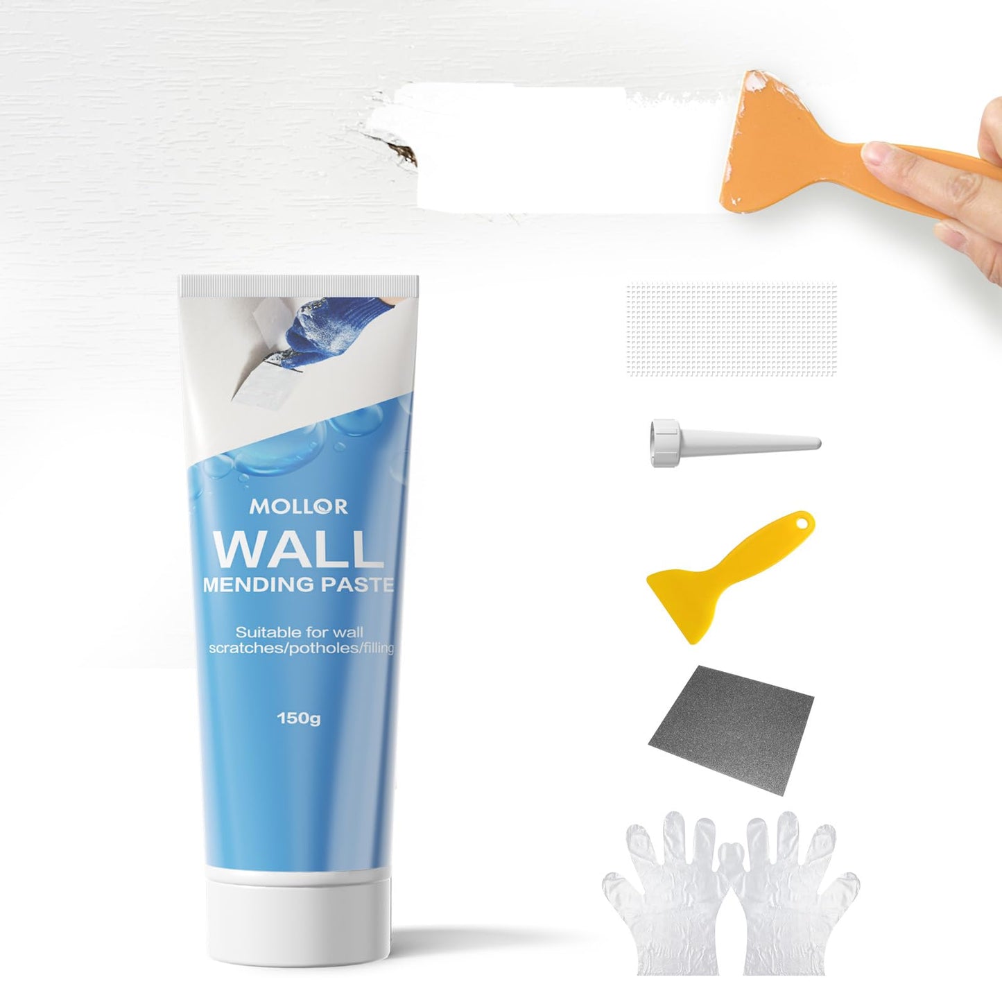 MOLLOR Drywall Repair Kit Wall Patch, 150g Spackle Wall Repair Paste with Scraper, Wall Mending Agent Quick and Easy Solution to Fill The Holes for Home Wall, White Repair Putty Plaster Dent