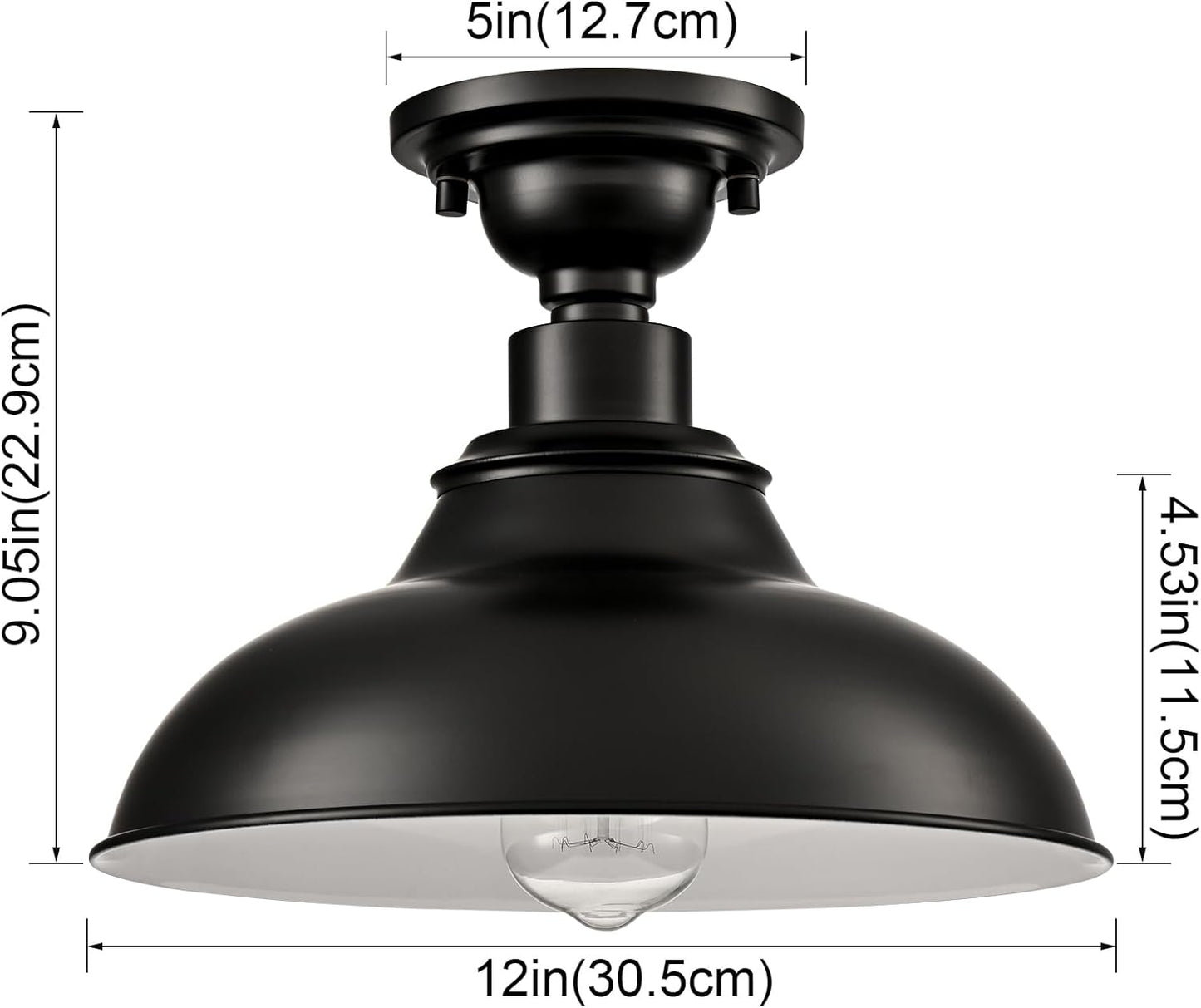 12-Inch Farmhouse Semi Flush Mount Ceiling Light - Black Industrial Barn Fixture for Bedroom, Kitchen, Foyer