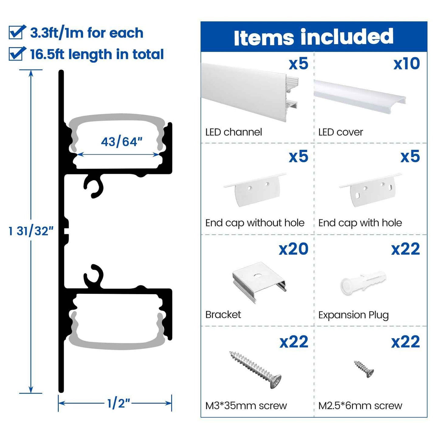 Muzata 5Pack 3.3FT/1M Wall Mount LED Channel U Shape LED Strip Diffuser Channel Silver Aluminum with Milky White Cover U124 WW 1M