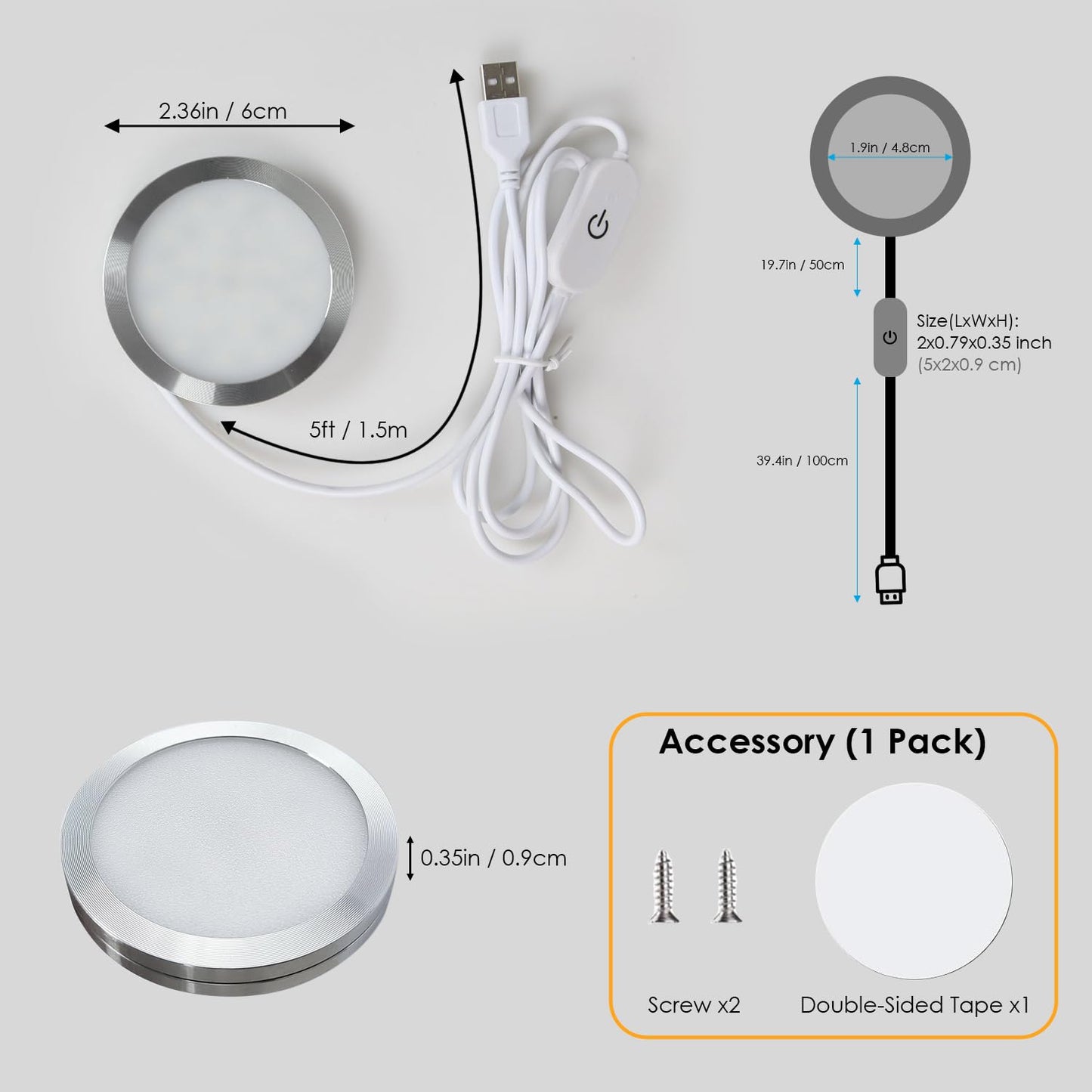 AuyiHomu Single Under Cabinet LED Puck Lights Plug in, 3D Printer LED Lamp Kit 001 DIY USB Powered 5V Dimmable Touch Switch Ultra Thin for Kitchen/Cabinet/Wardrobe/Showcase (Cool White/6000K)