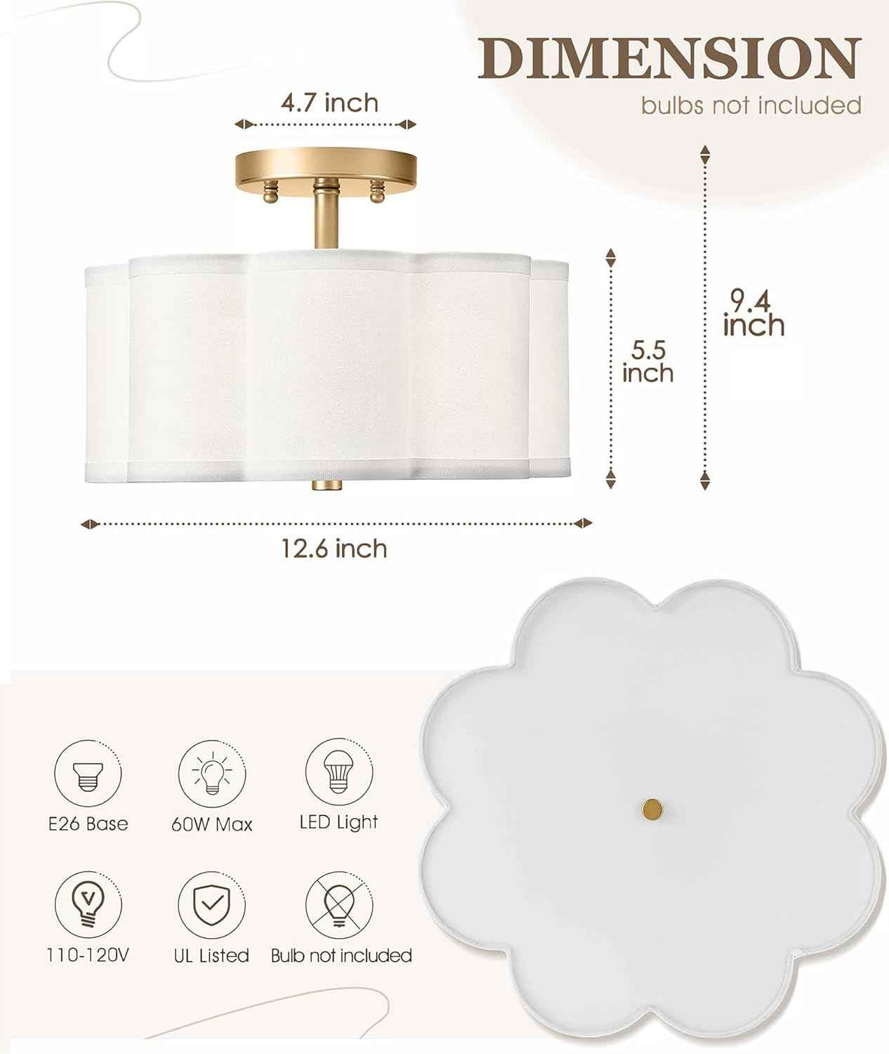 Gold 3-Light Semi Flush Mount Ceiling Light with Fabric Flower Shade - Farmhouse Brass Drum Fixture for Nursery, Hallway, Bedroom - Model AD-22007-3SF-GD