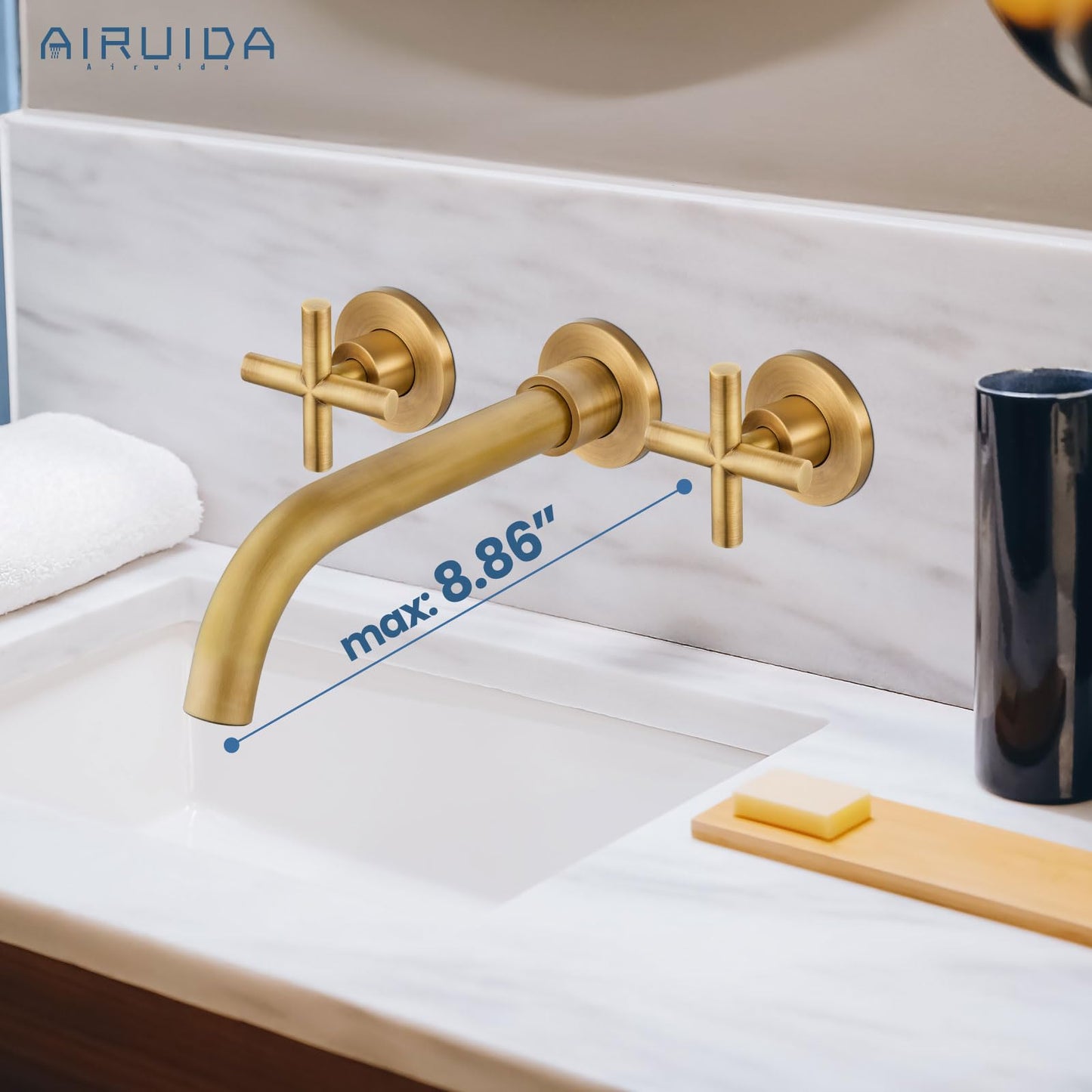Airuida Solid Brass Widespread Wall Mount Bathroom Faucet with 360 Swivel Spout Wall Mounted Lavatory Faucet Vanity Sink Mixer Tap with Rough in Valve and Double Cross Handles Antique Brass