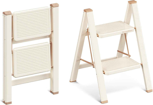 2-Step Folding Ladder for Adults - Secure, Stylish Step Stool with Widened Pedal - Cream Chocolate
