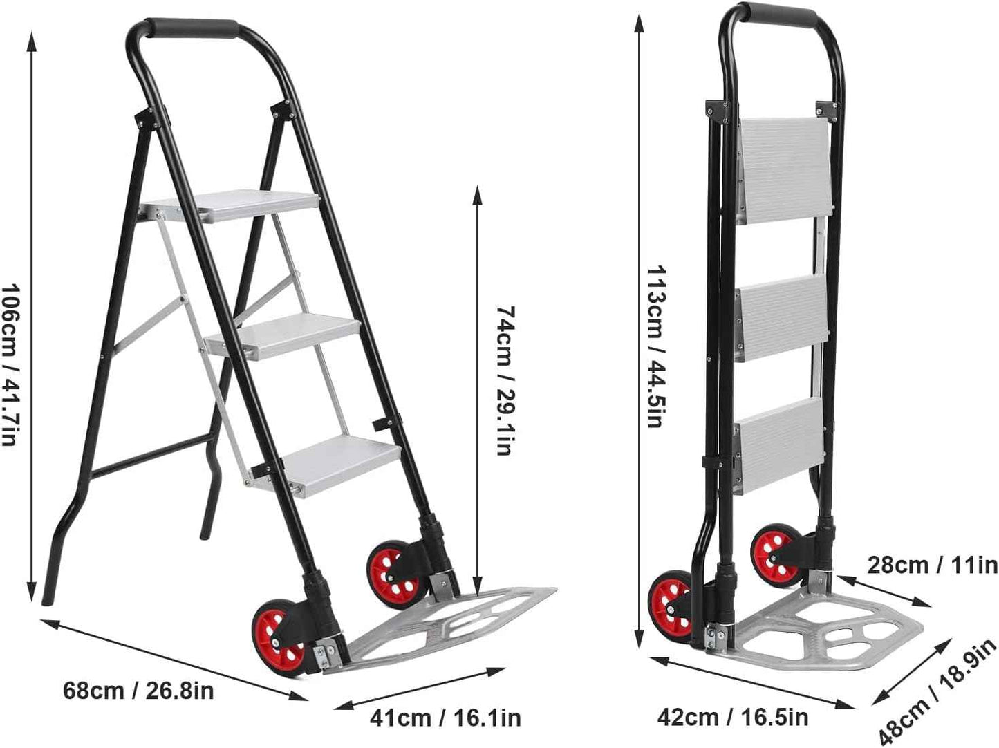 3-Step Folding Ladder Aluminum Alloy Non-Slip Steps Space Saving Stool Cart 150kg Capacity for Home Garage Kitchen
