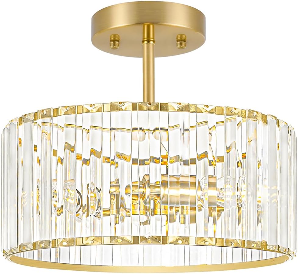 Modern Gold Crystal Ceiling Light Fixture - 11-Inch Semi Flush Mount Chandelier for Kitchen & Entryway