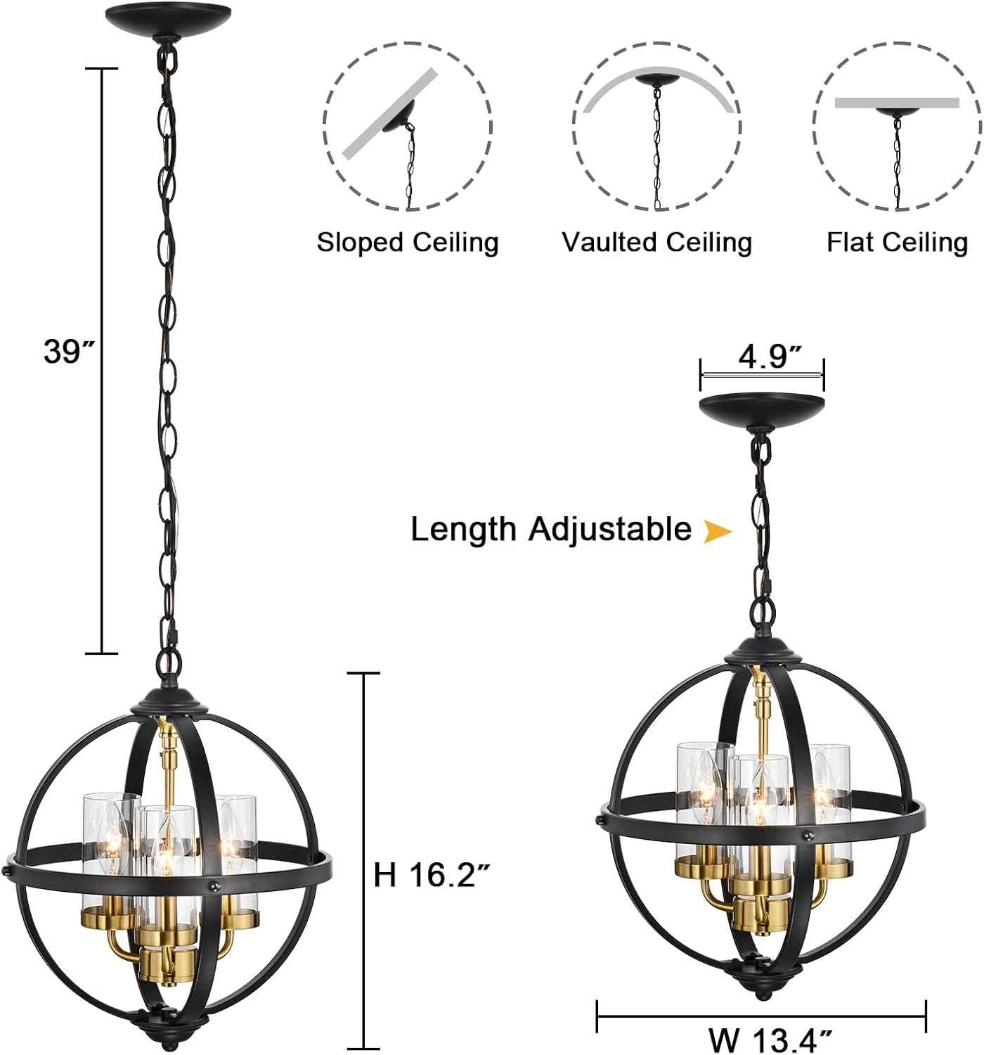 Rustic 14" Farmhouse Chandelier - Vintage Black & Gold 3-Light Pendant Light for Kitchen, Dining Room & Entryway