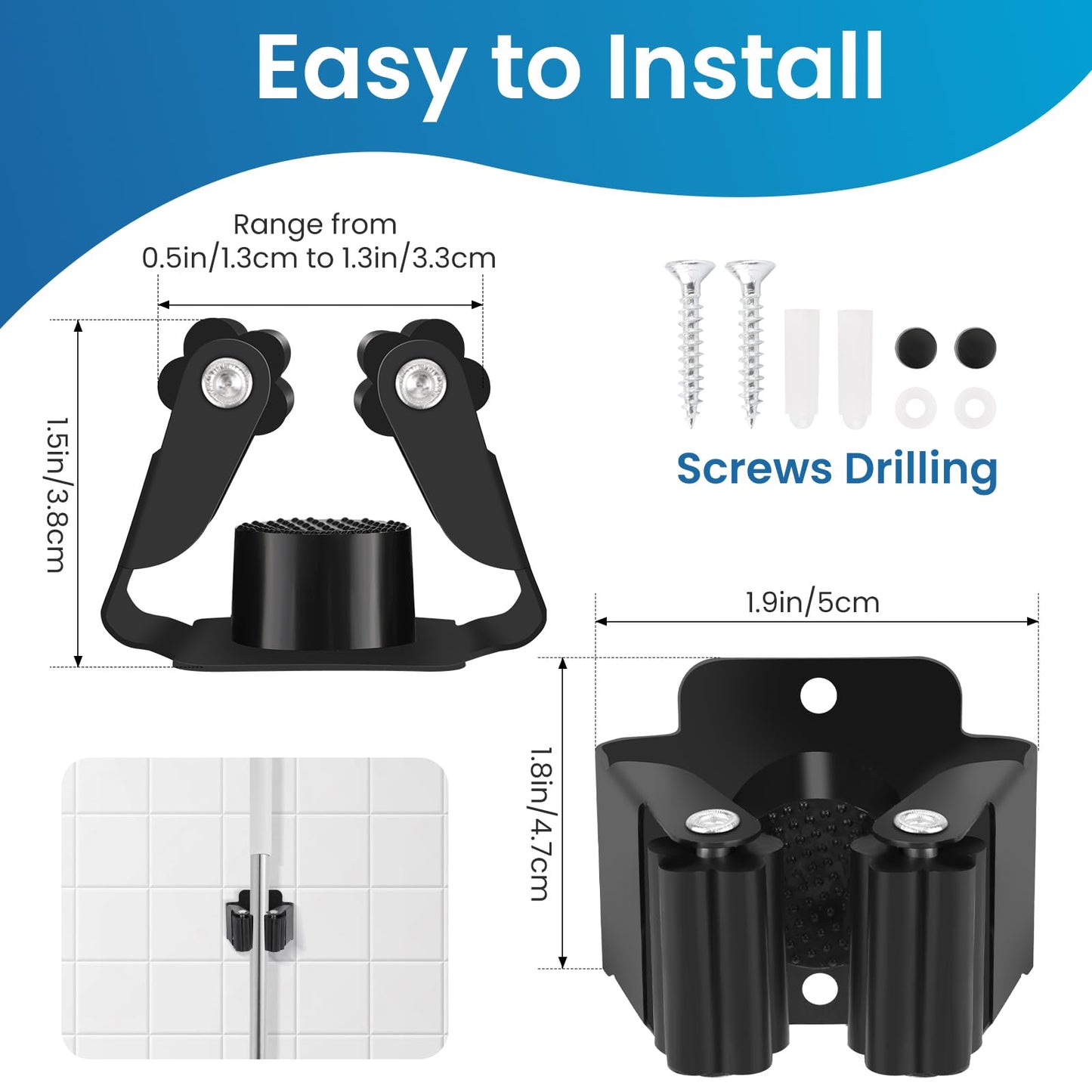 Yiows Broom Holder Wall Mount, 7PCS Broom Hanger Wall Mount, Stainless Steel Heavy Duty Mop Holder Broom Mop Hanger Wall with Screws, Garden Outdoor Tool Organizer Rack Broom Hanger (Black)