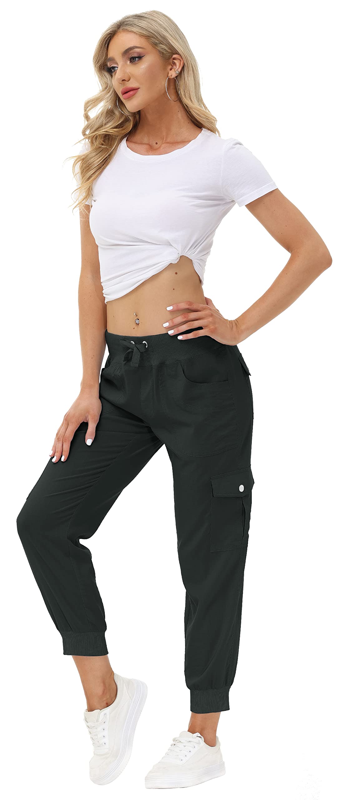 MoFiz Women Cargo Pants with Pockets Lightweight Outdoor Summer Travel Casual Hiking Pants Running Joggers Sweatpants Elastic Waist Dark Grey XL